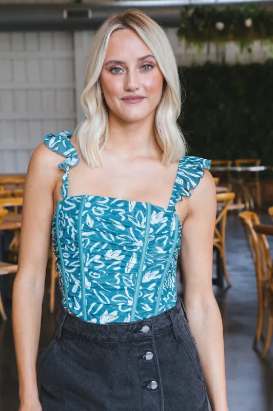 Julia Ruffle Strap Top with Boning, Pine Green sold by North & Main Clothing Company
