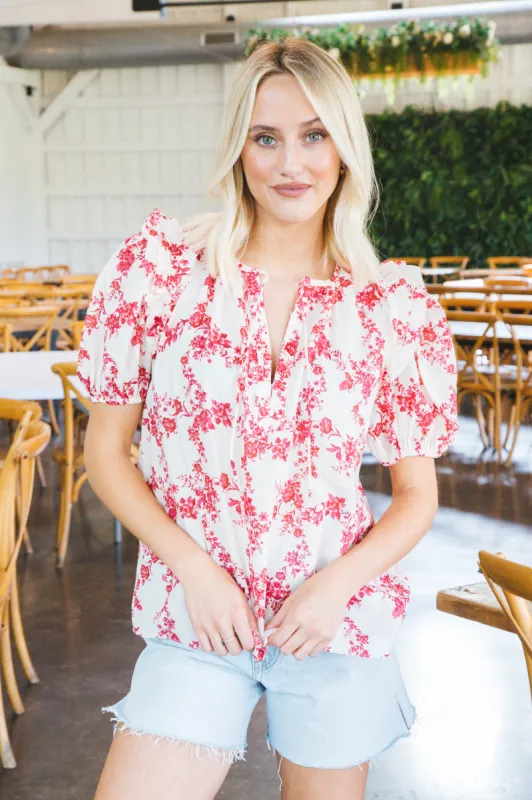 Nova Puff Sleeve Printed Top, Natural/Red sold by North & Main Clothing Company