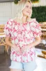 Nova Puff Sleeve Printed Top, Natural/Red sold by North & Main Clothing Company