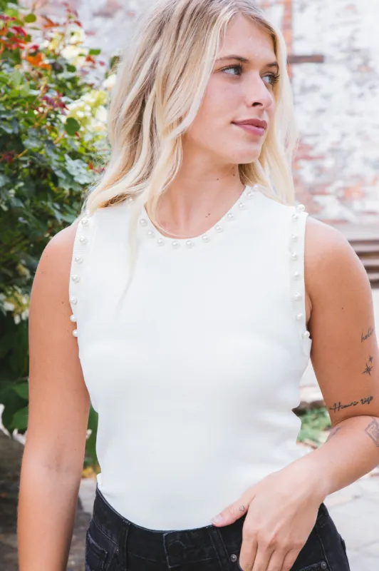 Fatima Pearl Detail Top, Cream sold by North & Main Clothing Company