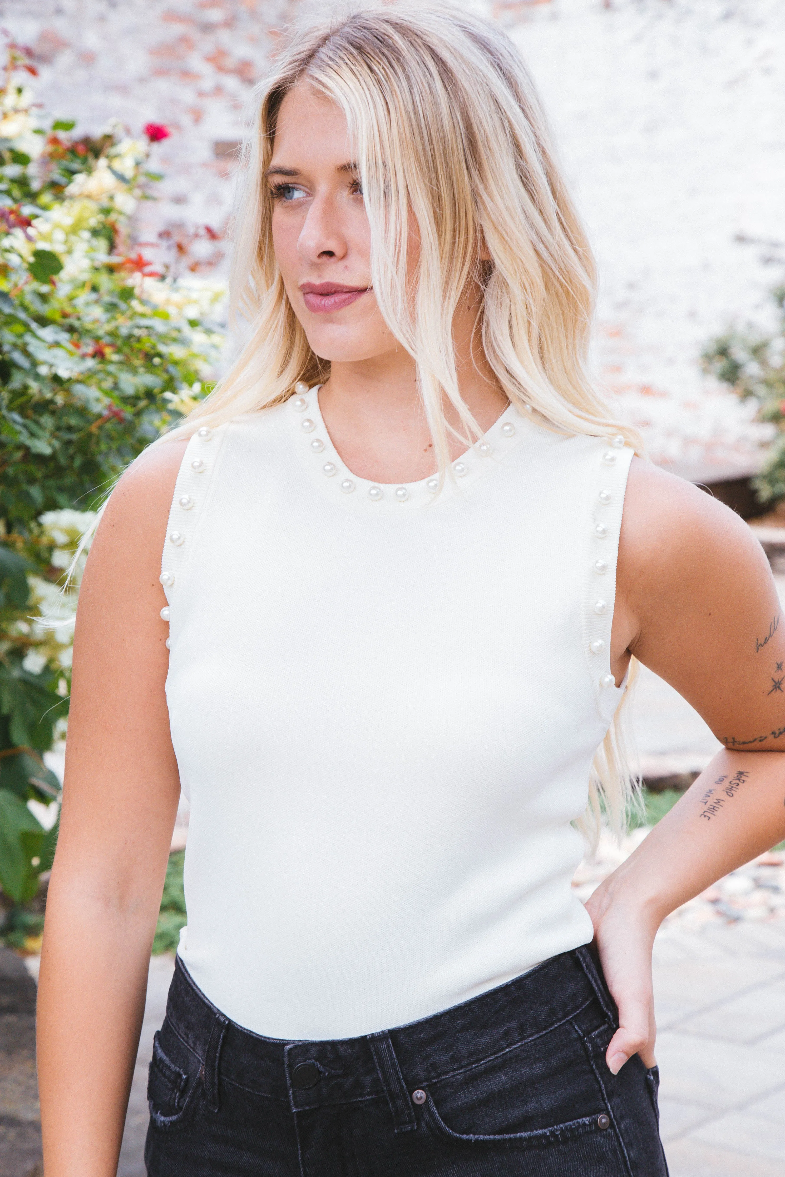 Fatima Pearl Detail Top, Cream sold by North & Main Clothing Company product image thumbnail 2