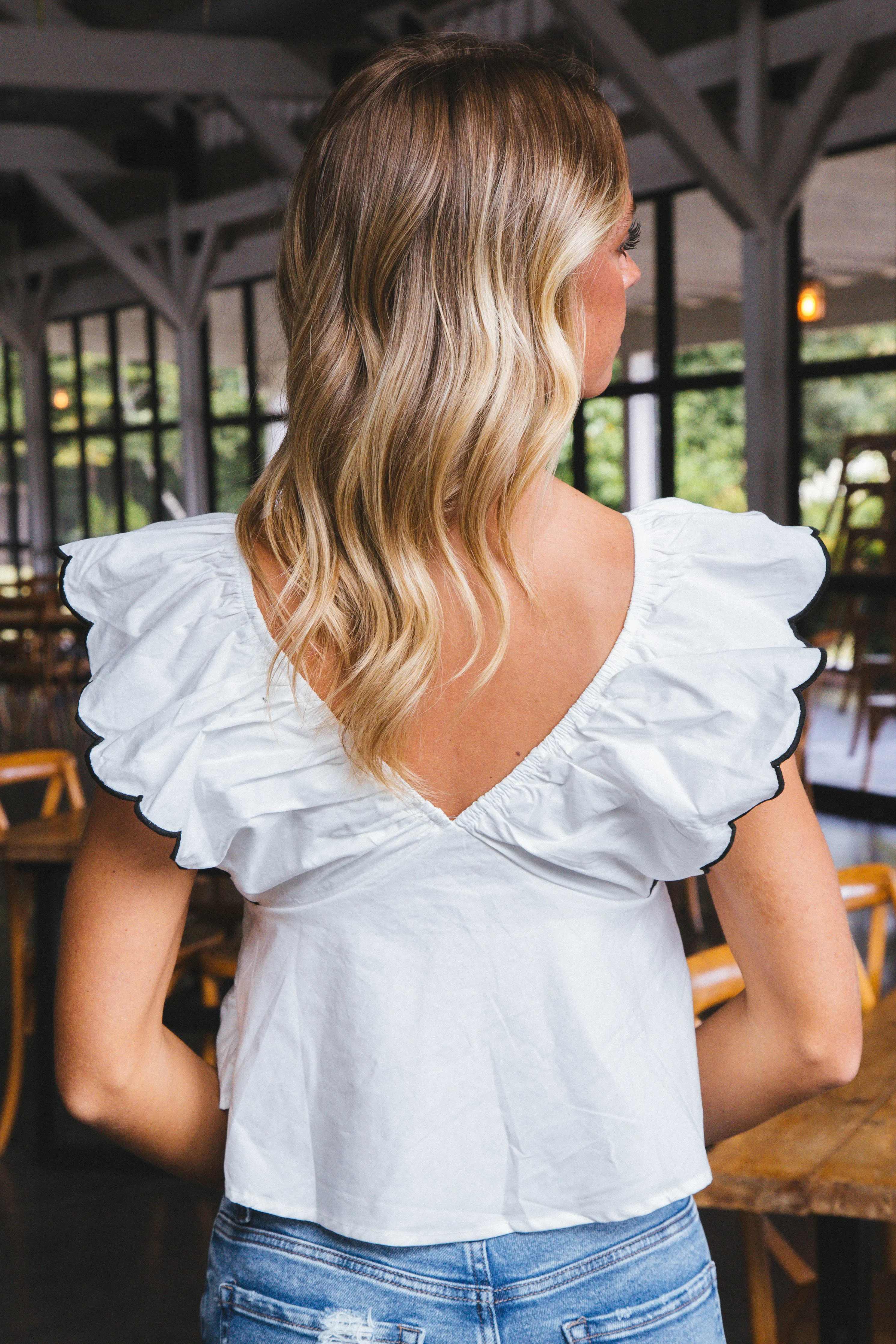 Kaya Ruffle Shoulder Bow Front Top, White sold by North & Main Clothing Company product image thumbnail 3