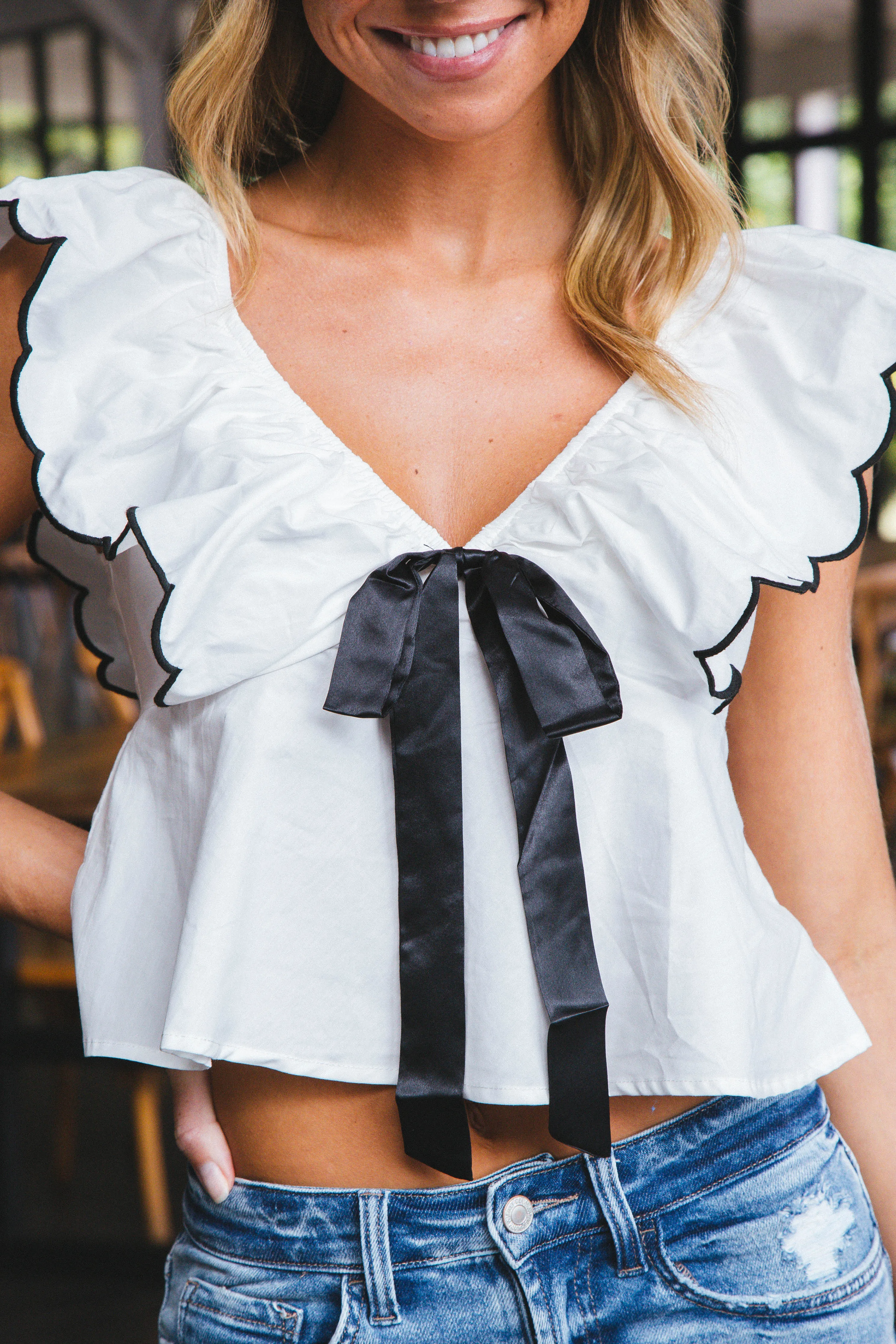 Kaya Ruffle Shoulder Bow Front Top, White sold by North & Main Clothing Company product image thumbnail 4