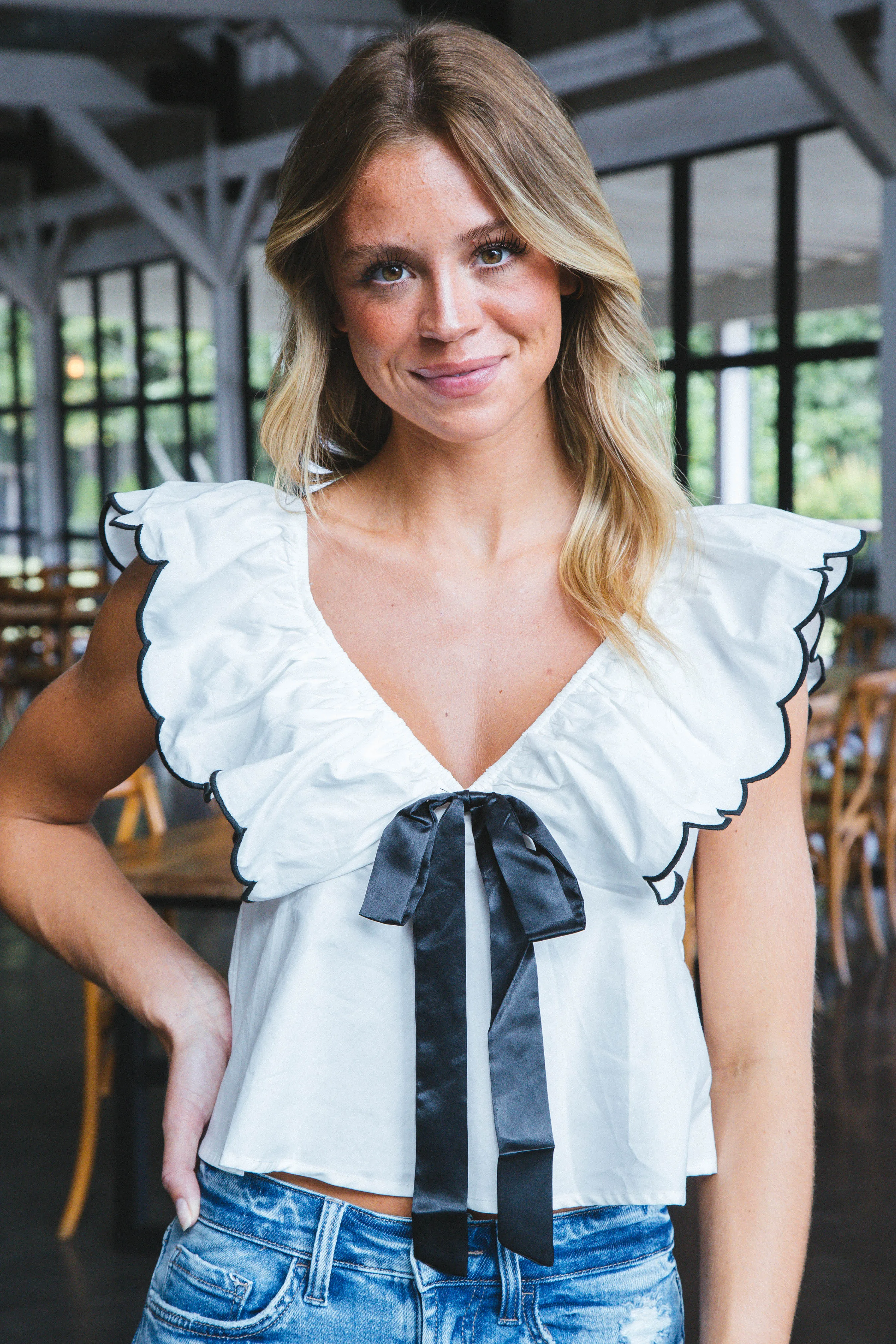 Kaya Ruffle Shoulder Bow Front Top, White sold by North & Main Clothing Company product image thumbnail 5