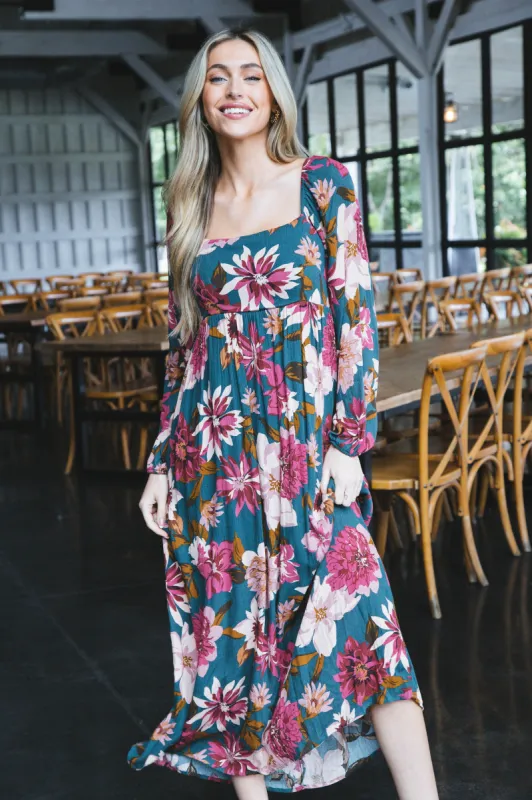 Whitley Long Sleeve Floral Maxi Dress, Hunter Green sold by North & Main Clothing Company