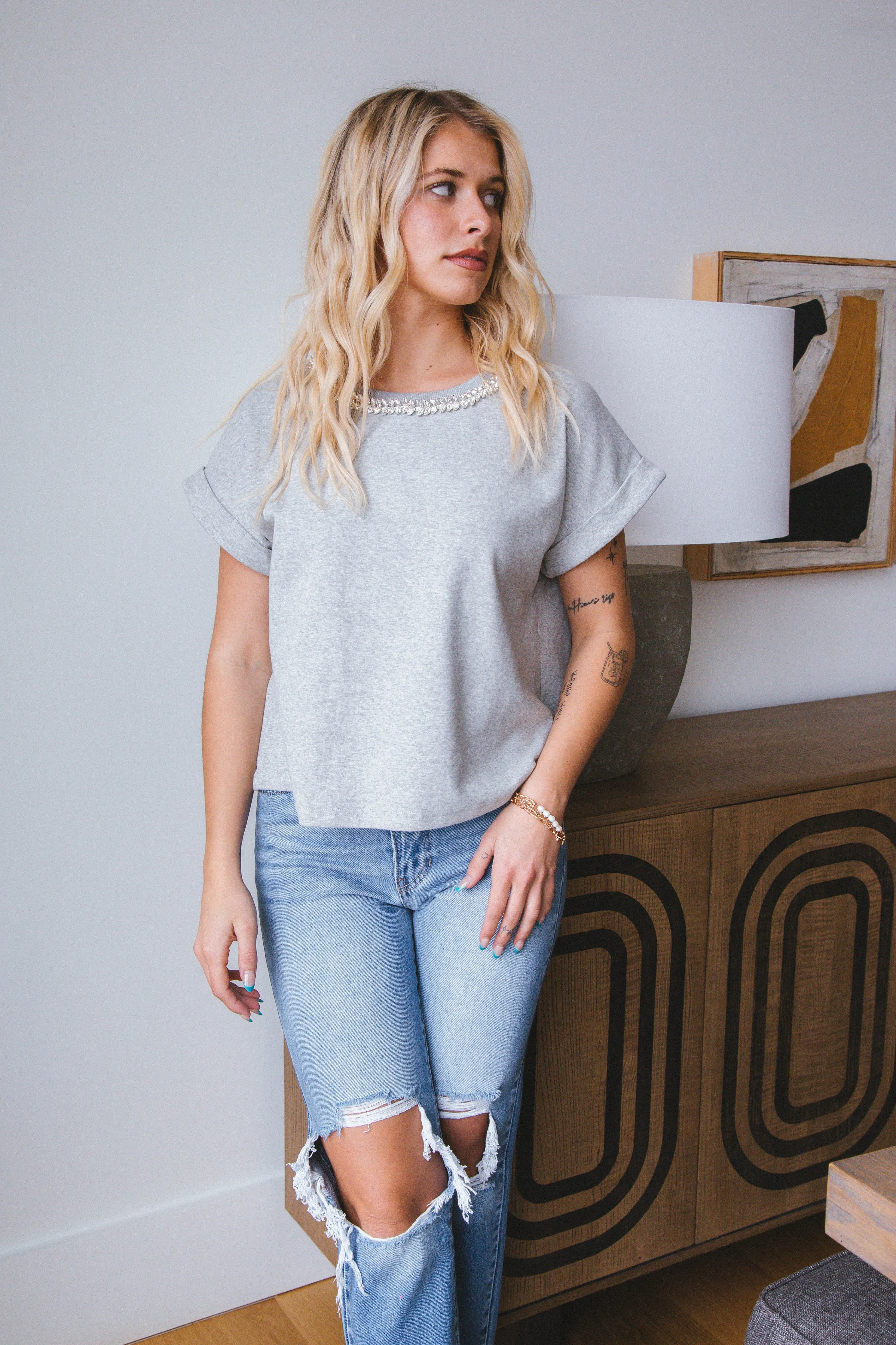 Lilah Rhinestone Neck Top, Grey sold by North & Main Clothing Company product image thumbnail 3