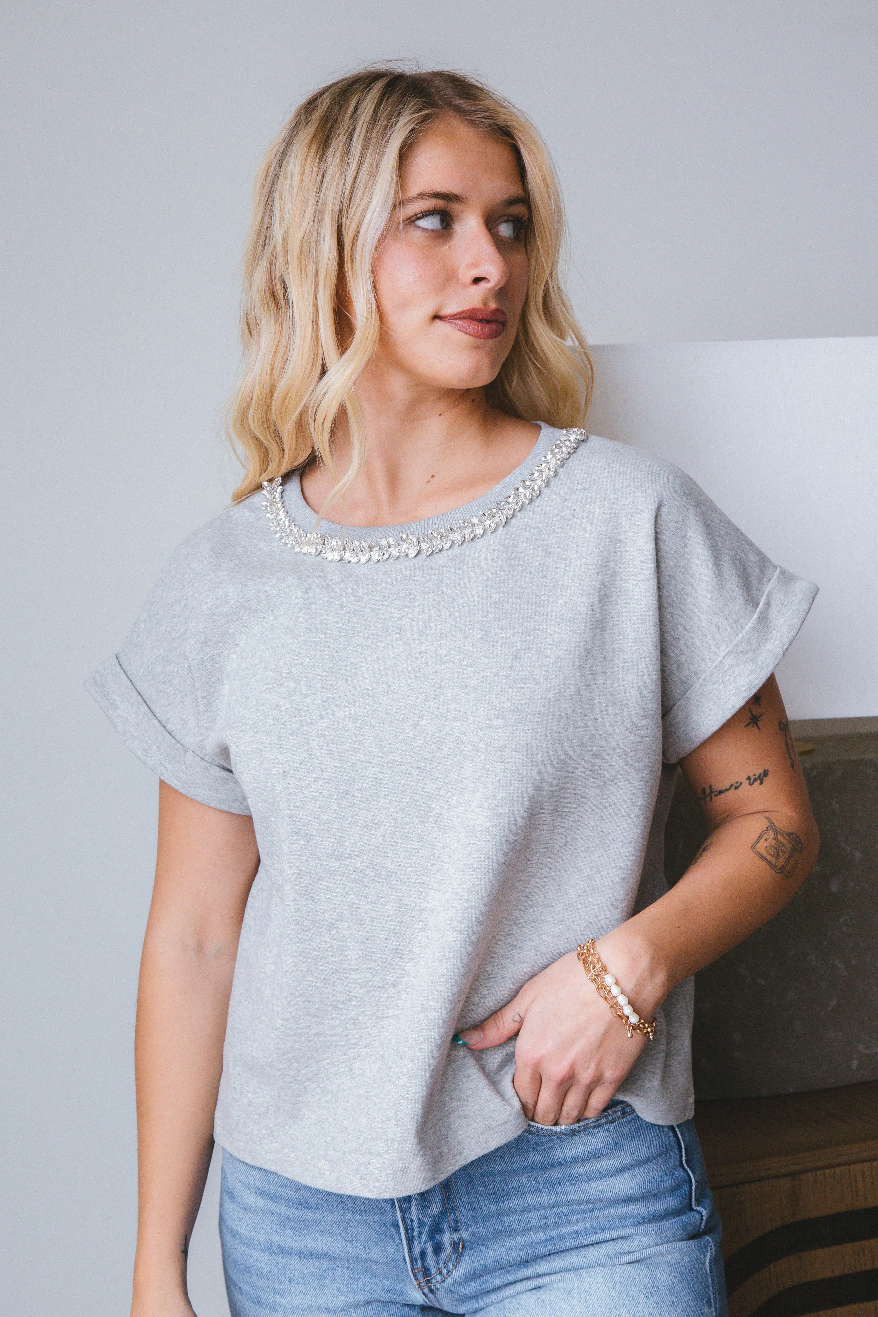 Lilah Rhinestone Neck Top, Grey sold by North & Main Clothing Company product image thumbnail 5