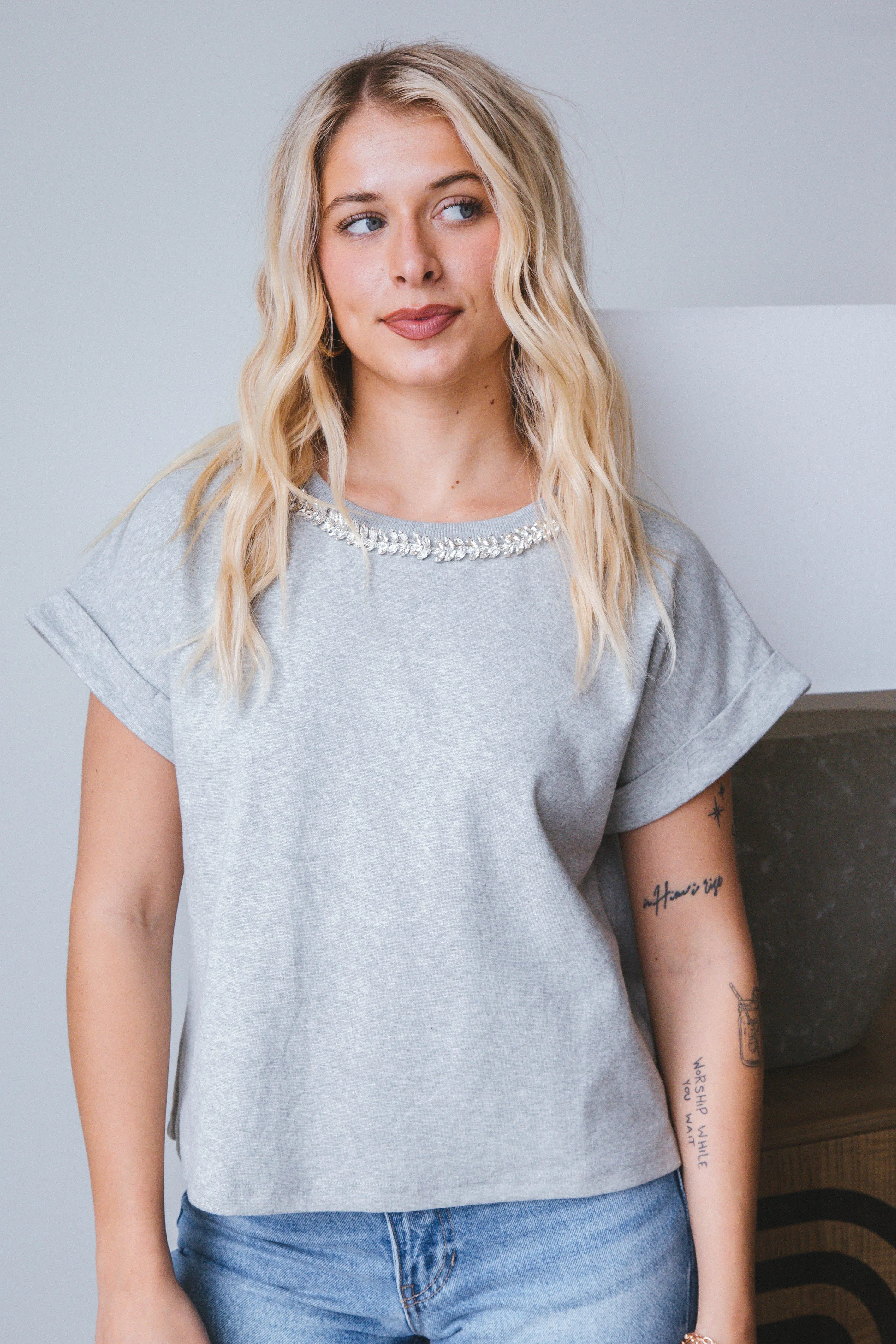 Lilah Rhinestone Neck Top, Grey sold by North & Main Clothing Company