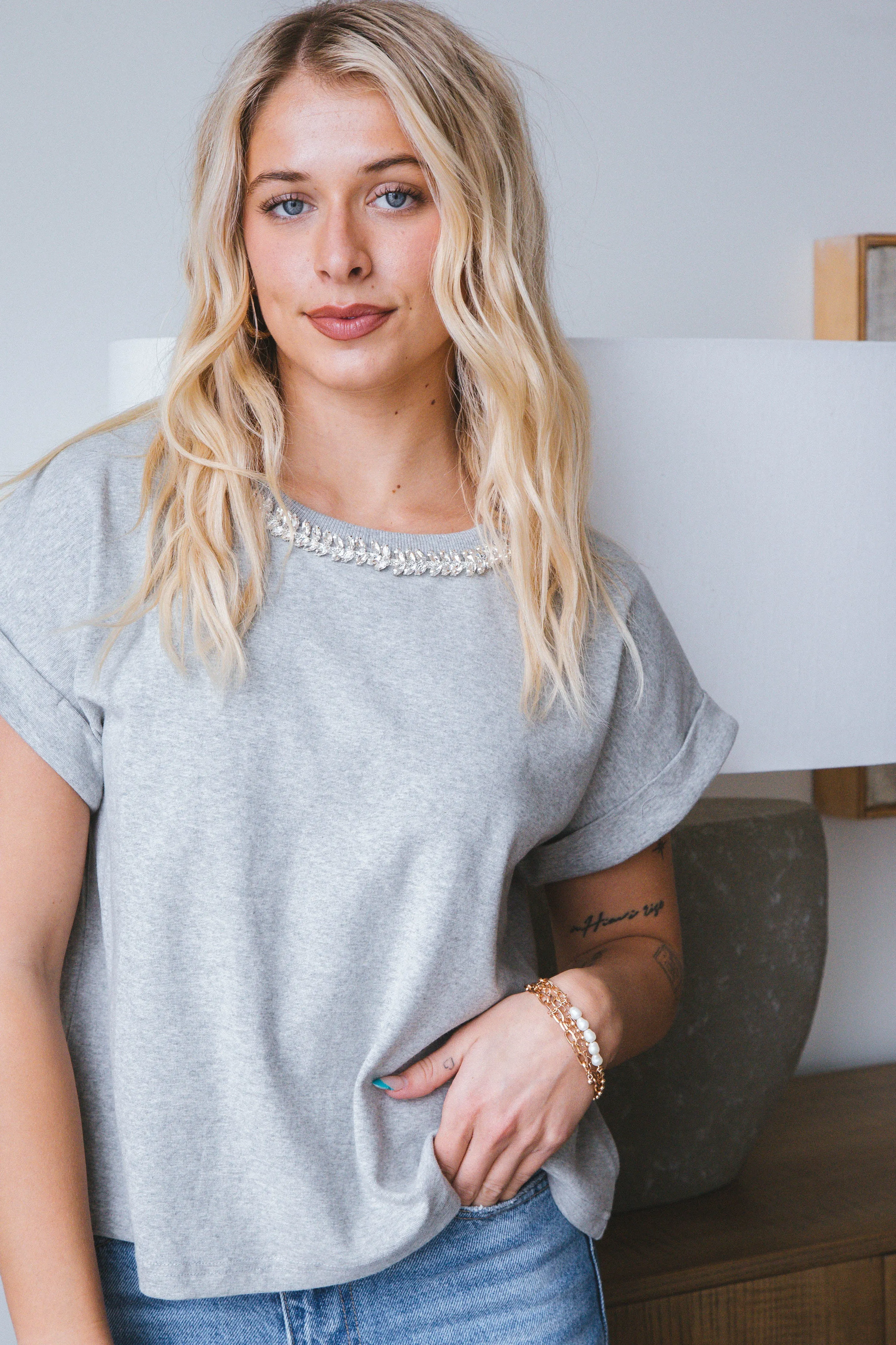 Lilah Rhinestone Neck Top, Grey sold by North & Main Clothing Company product image thumbnail 4