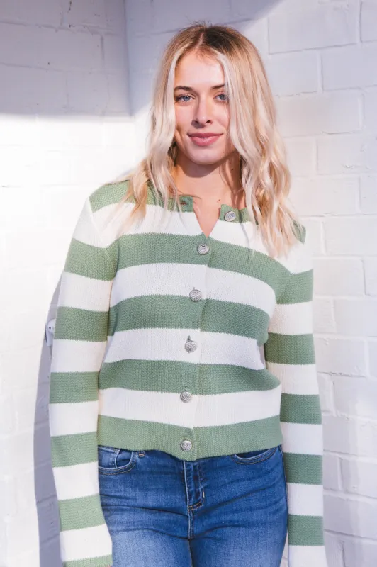Chrissy Striped Button Up Cardigan Sweater, Green Ivory | Velvet Heart sold by North & Main Clothing Company