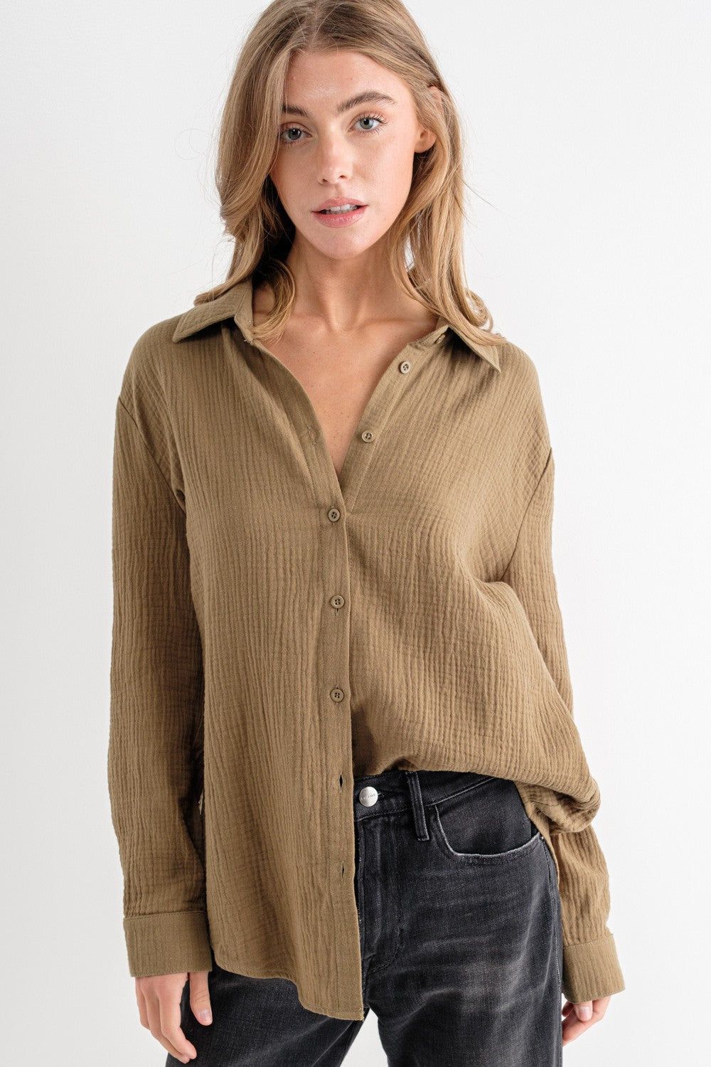 Cora Oversized Button Down Shirt, Olive sold by North & Main Clothing Company product image thumbnail 7