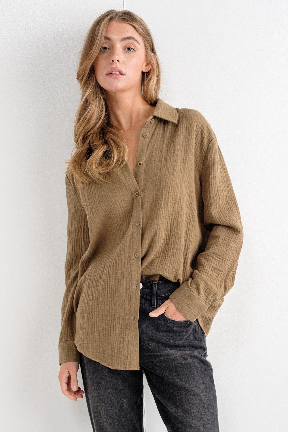 Cora Oversized Button Down Shirt, Olive sold by North & Main Clothing Company product image thumbnail 8