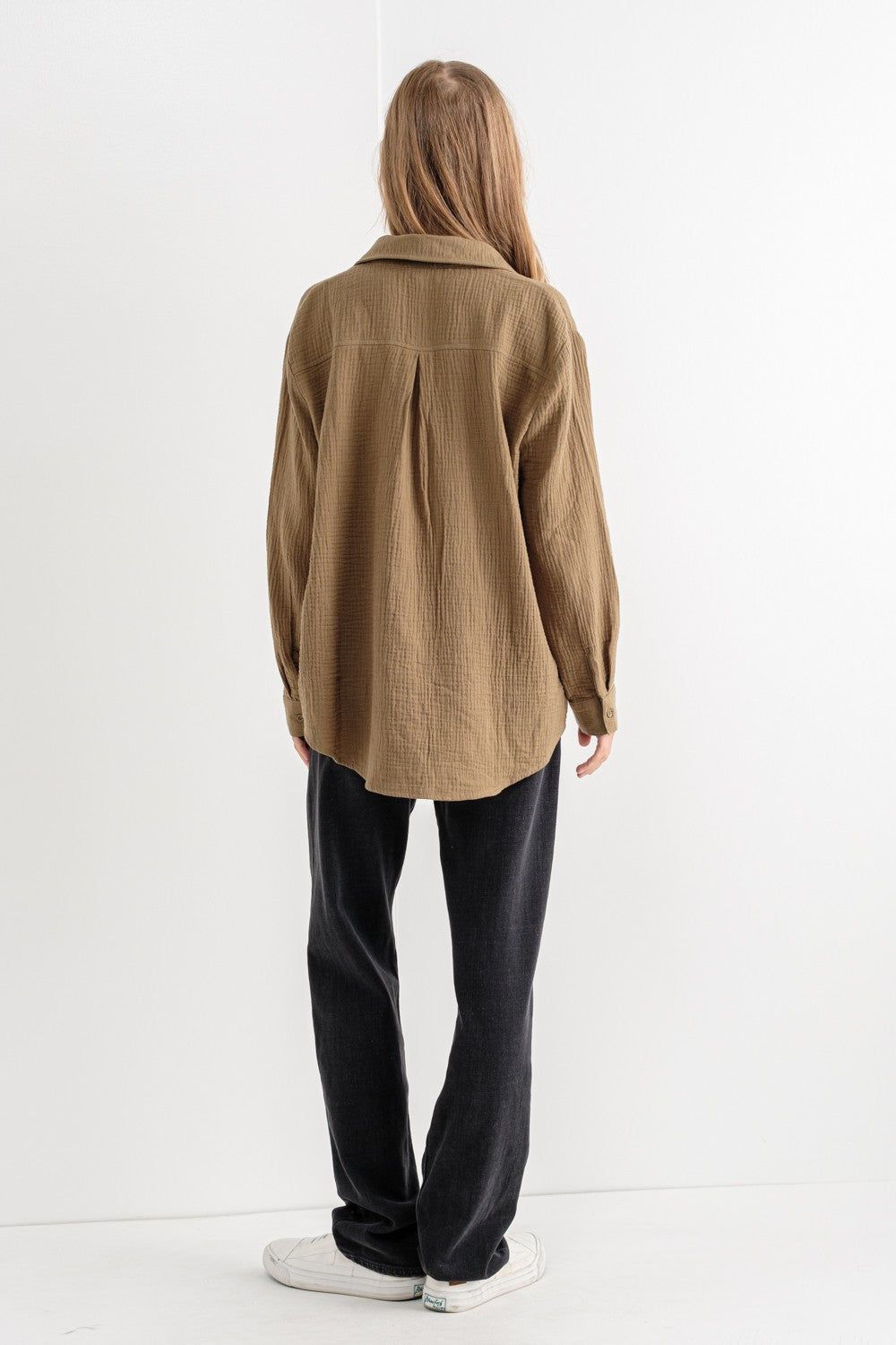 Cora Oversized Button Down Shirt, Olive sold by North & Main Clothing Company product image thumbnail 9
