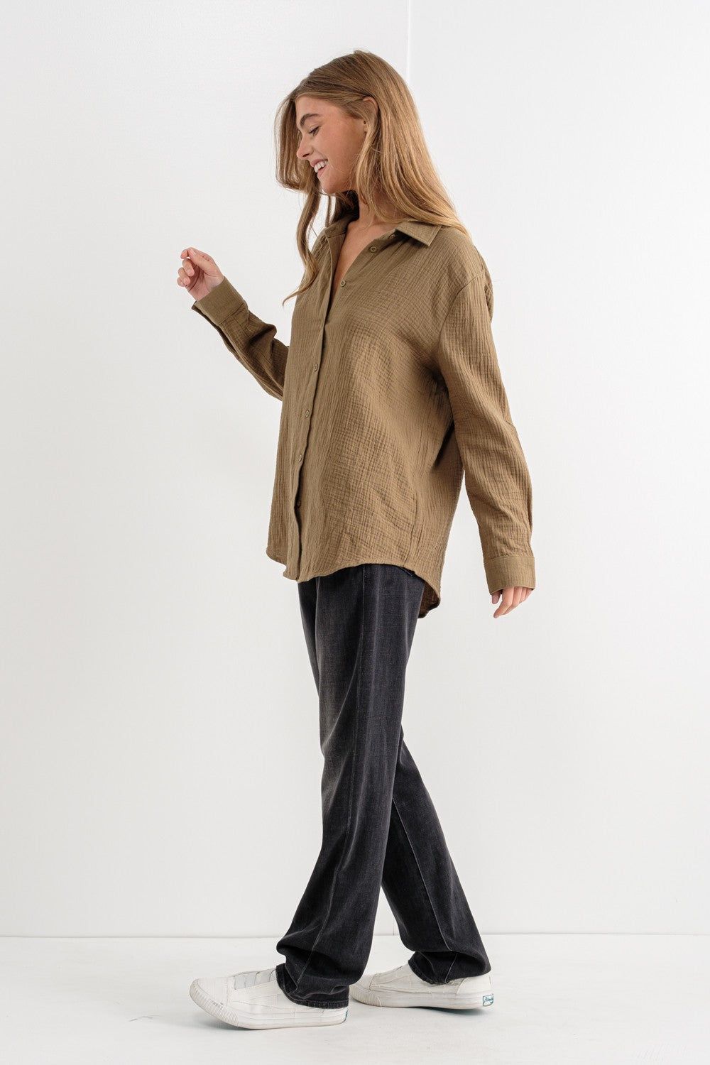 Cora Oversized Button Down Shirt, Olive sold by North & Main Clothing Company product image thumbnail 10