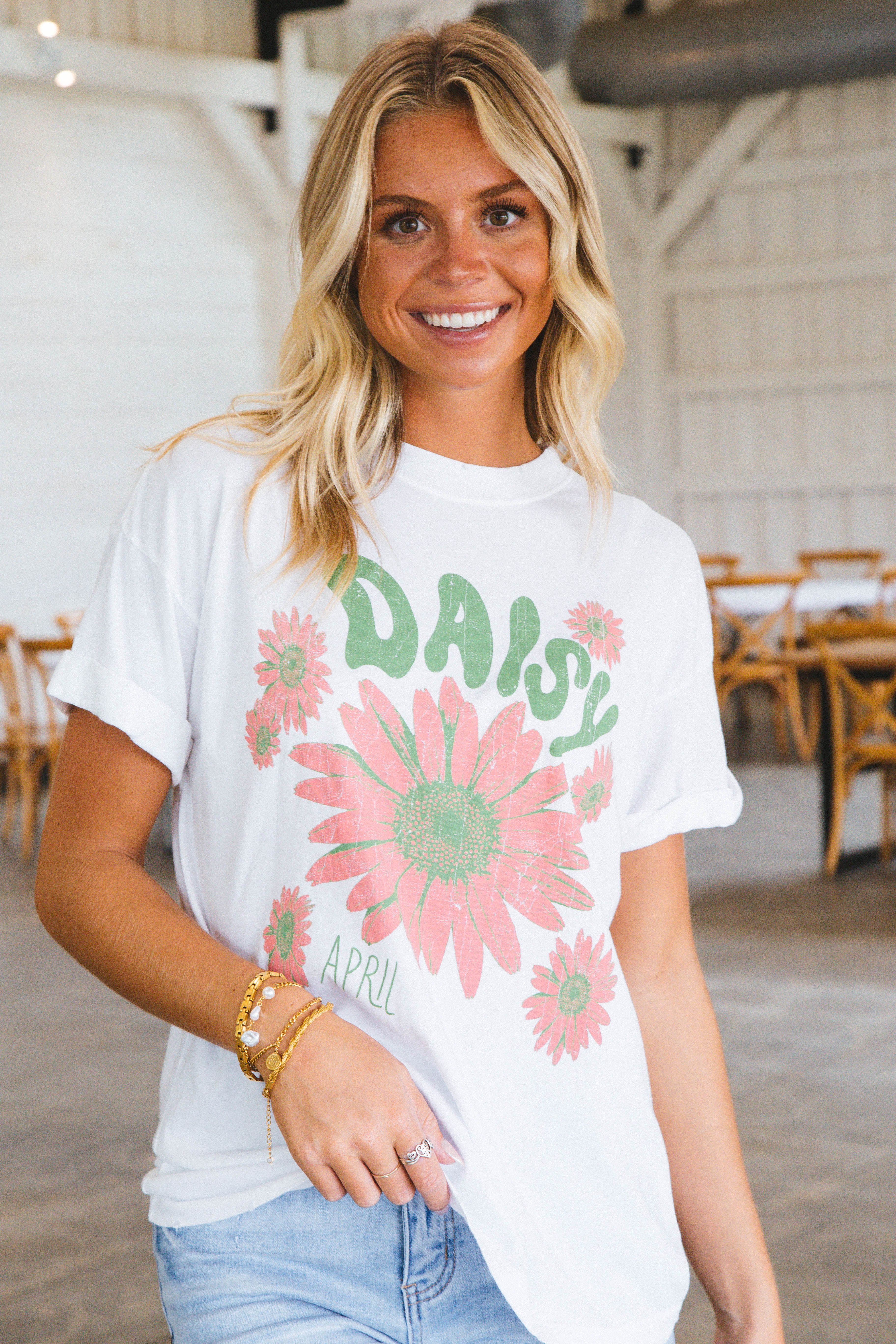 April Daisy Graphic Tee, Vintage White | Girl Dangerous sold by North & Main Clothing Company