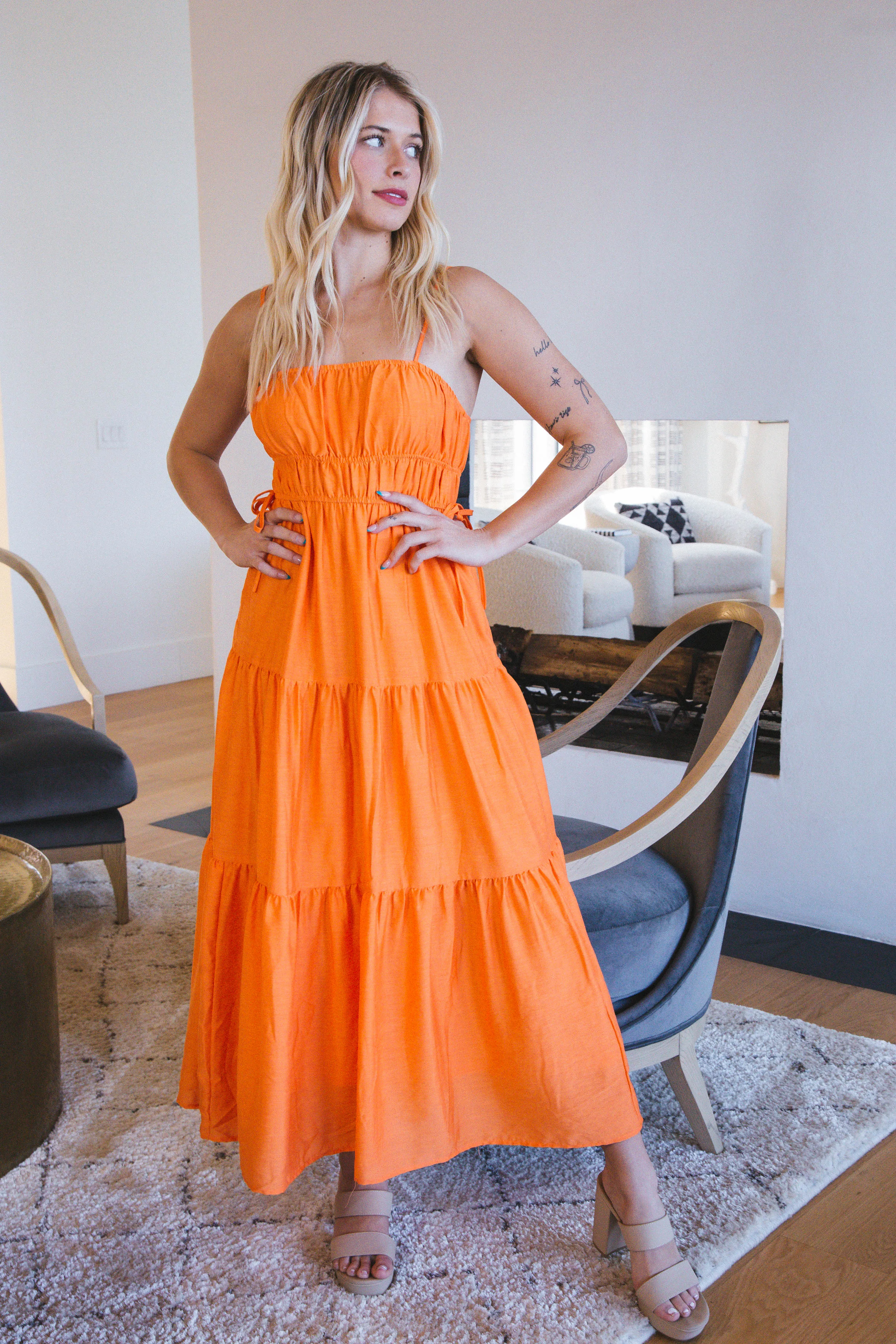 Emmeline Waist Tie Midi Dress, Cantaloupe sold by North & Main Clothing Company