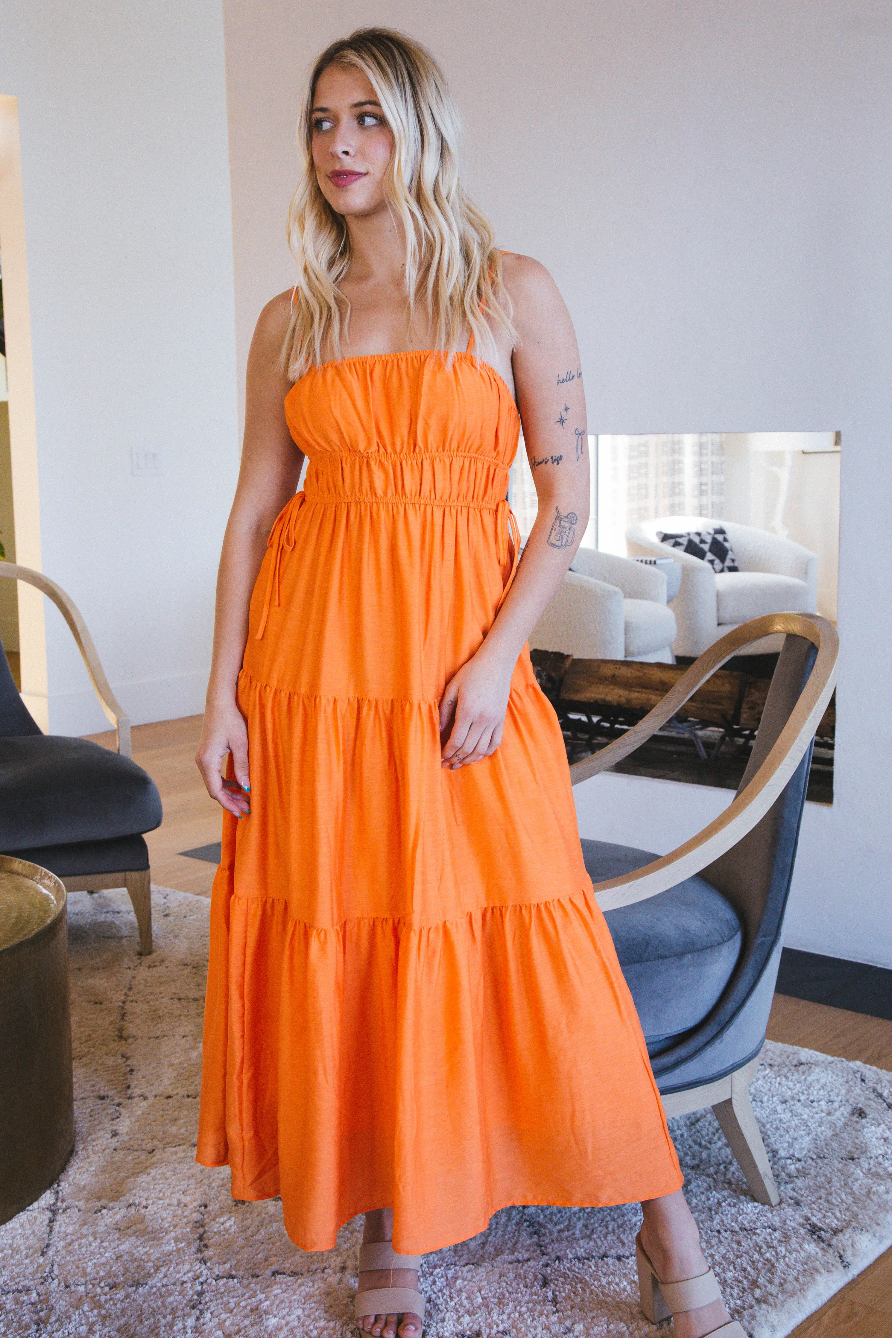 Emmeline Waist Tie Midi Dress, Cantaloupe sold by North & Main Clothing Company product image thumbnail 3