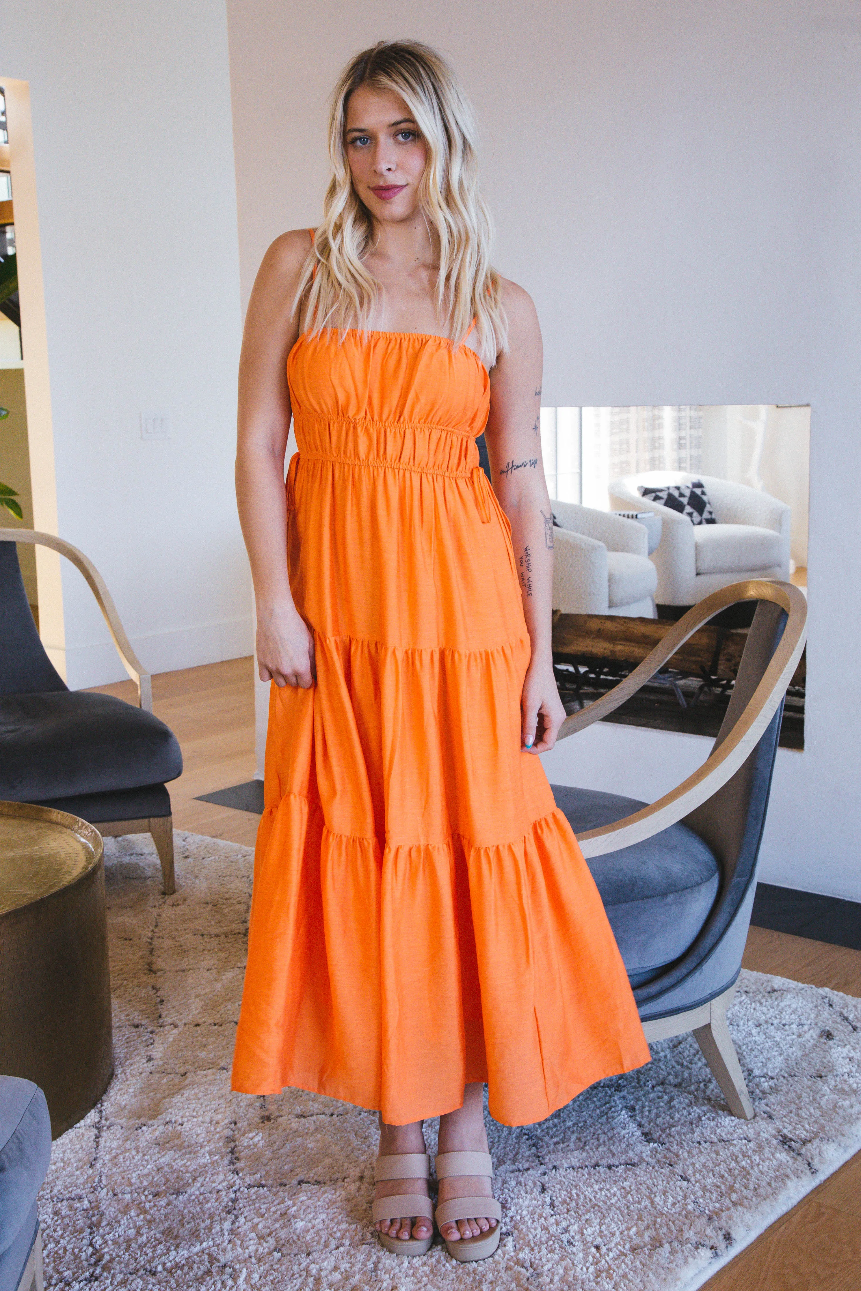 Emmeline Waist Tie Midi Dress, Cantaloupe sold by North & Main Clothing Company product image thumbnail 4