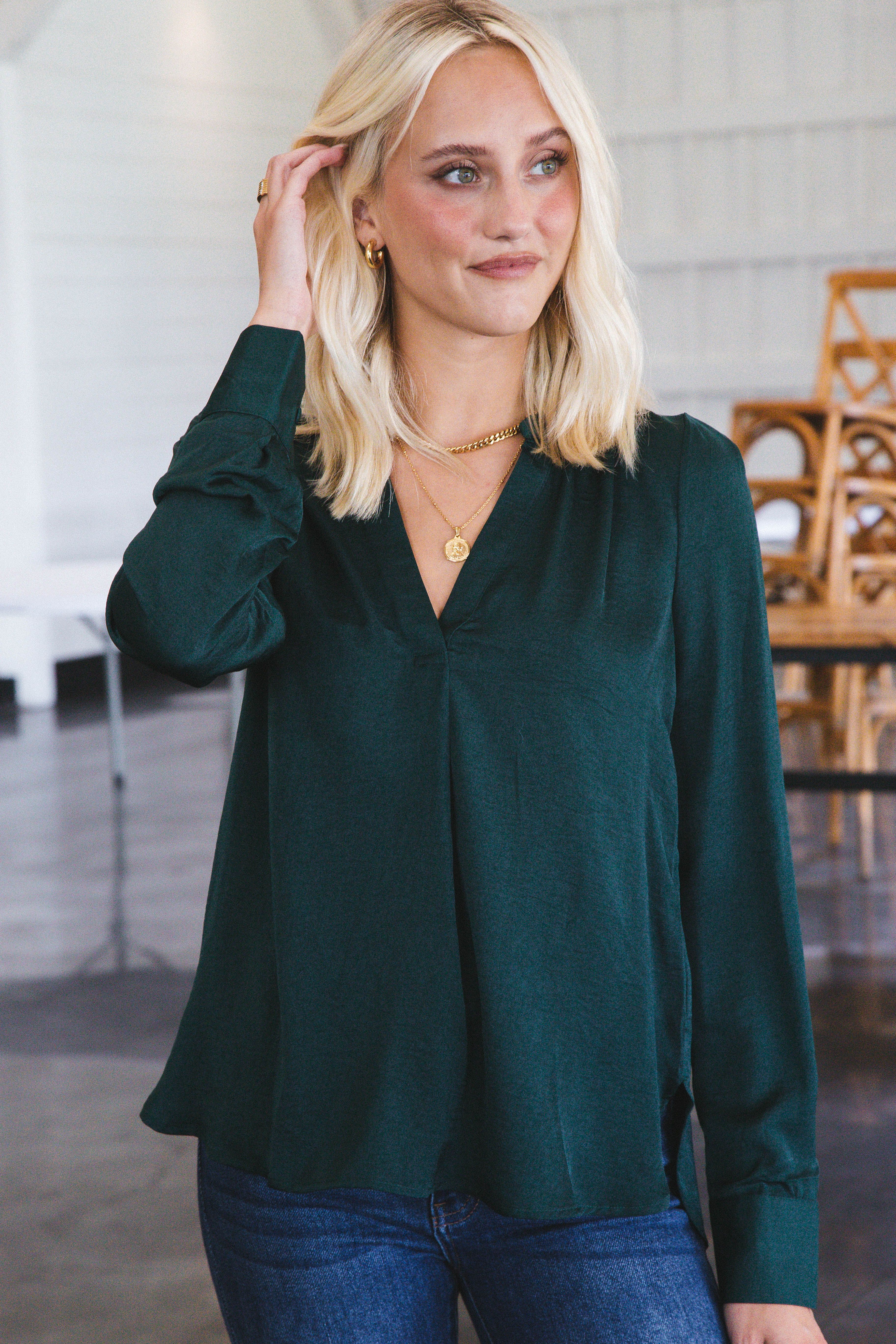 Adelaide Silky Blouse, Hunter Green sold by North & Main Clothing Company product image thumbnail 3