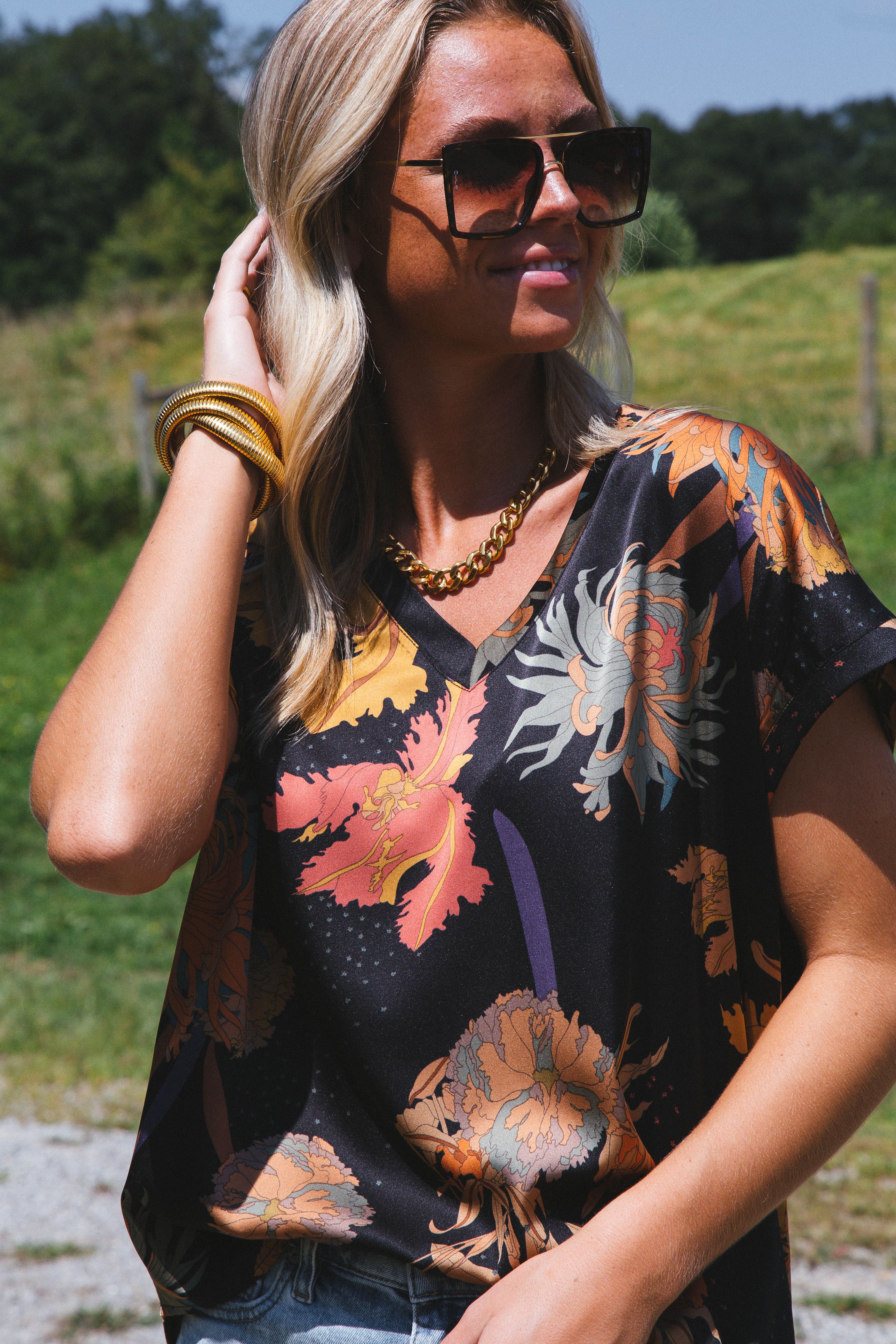 Serena Satin Floral Blouse, Black sold by North & Main Clothing Company product image thumbnail 6