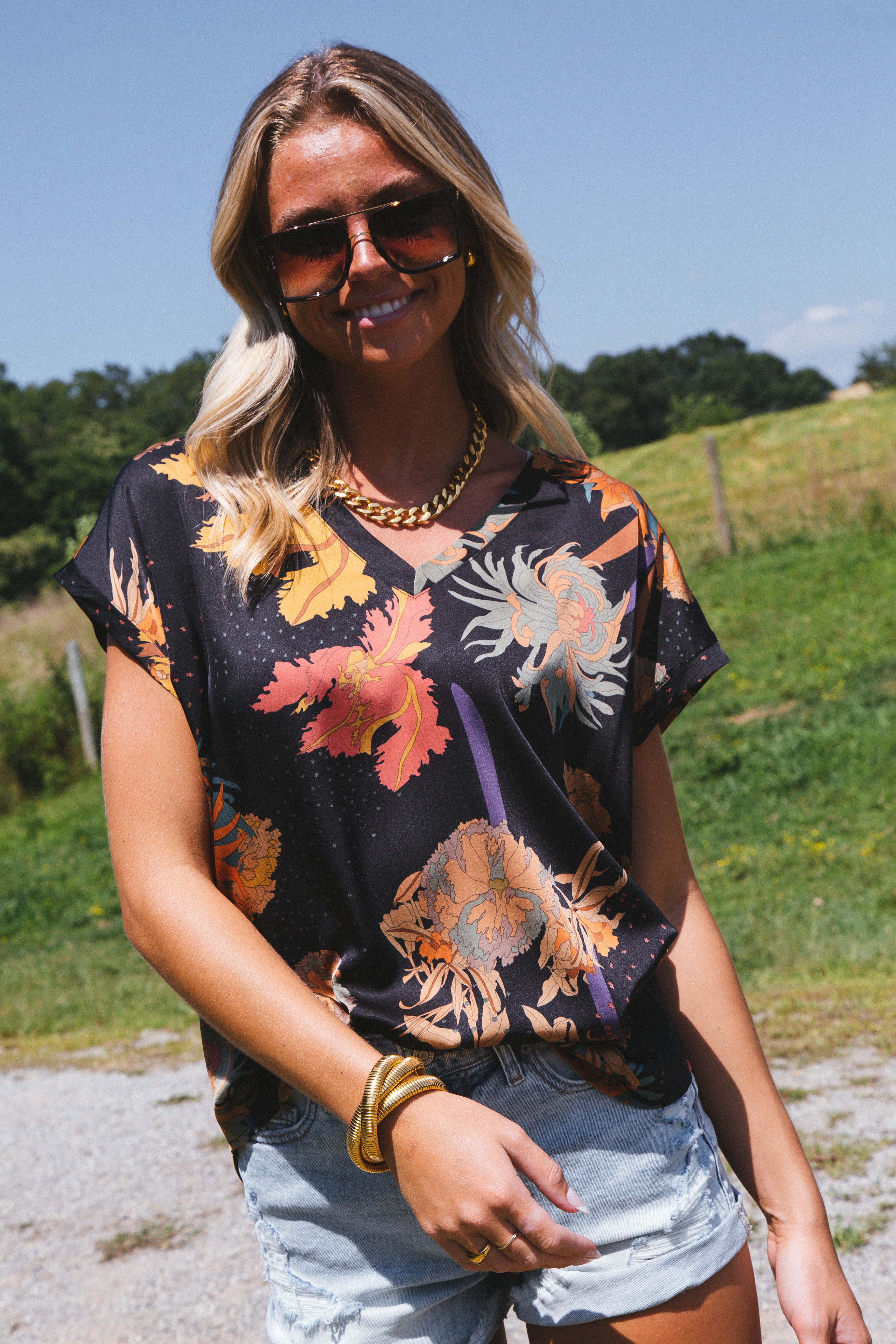 Serena Satin Floral Blouse, Black sold by North & Main Clothing Company product image thumbnail 3