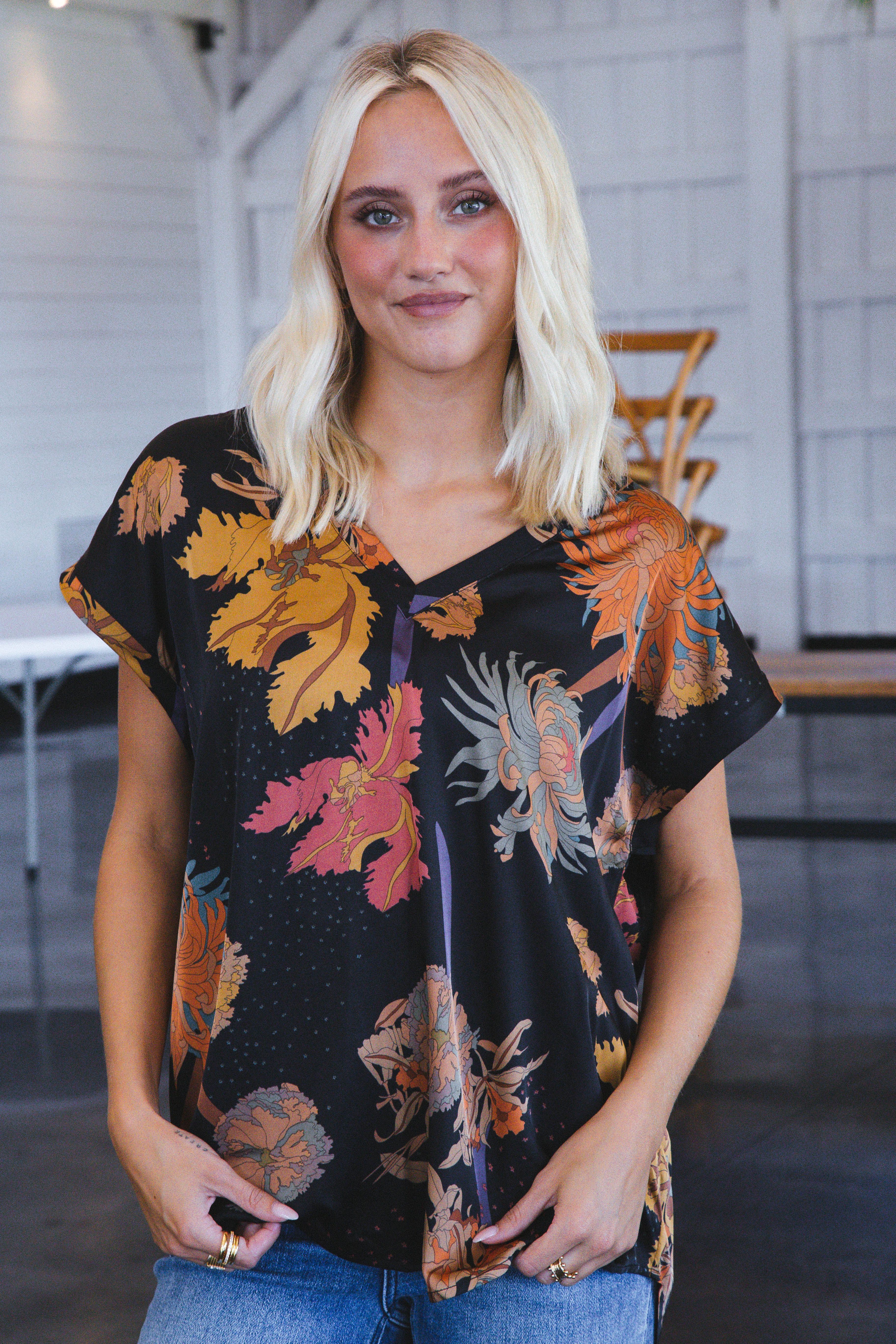 Serena Satin Floral Blouse, Black sold by North & Main Clothing Company