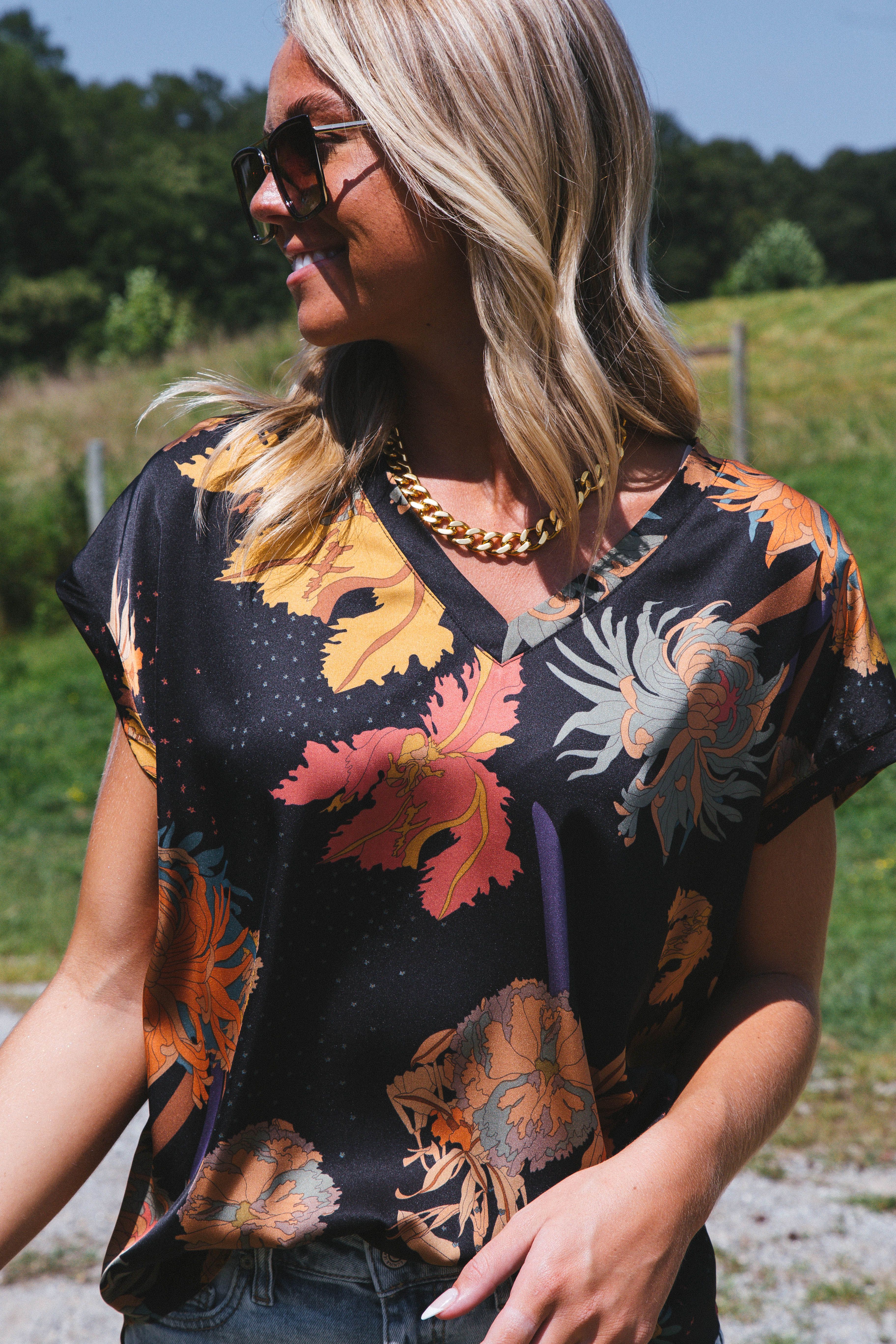 Serena Satin Floral Blouse, Black sold by North & Main Clothing Company product image thumbnail 5