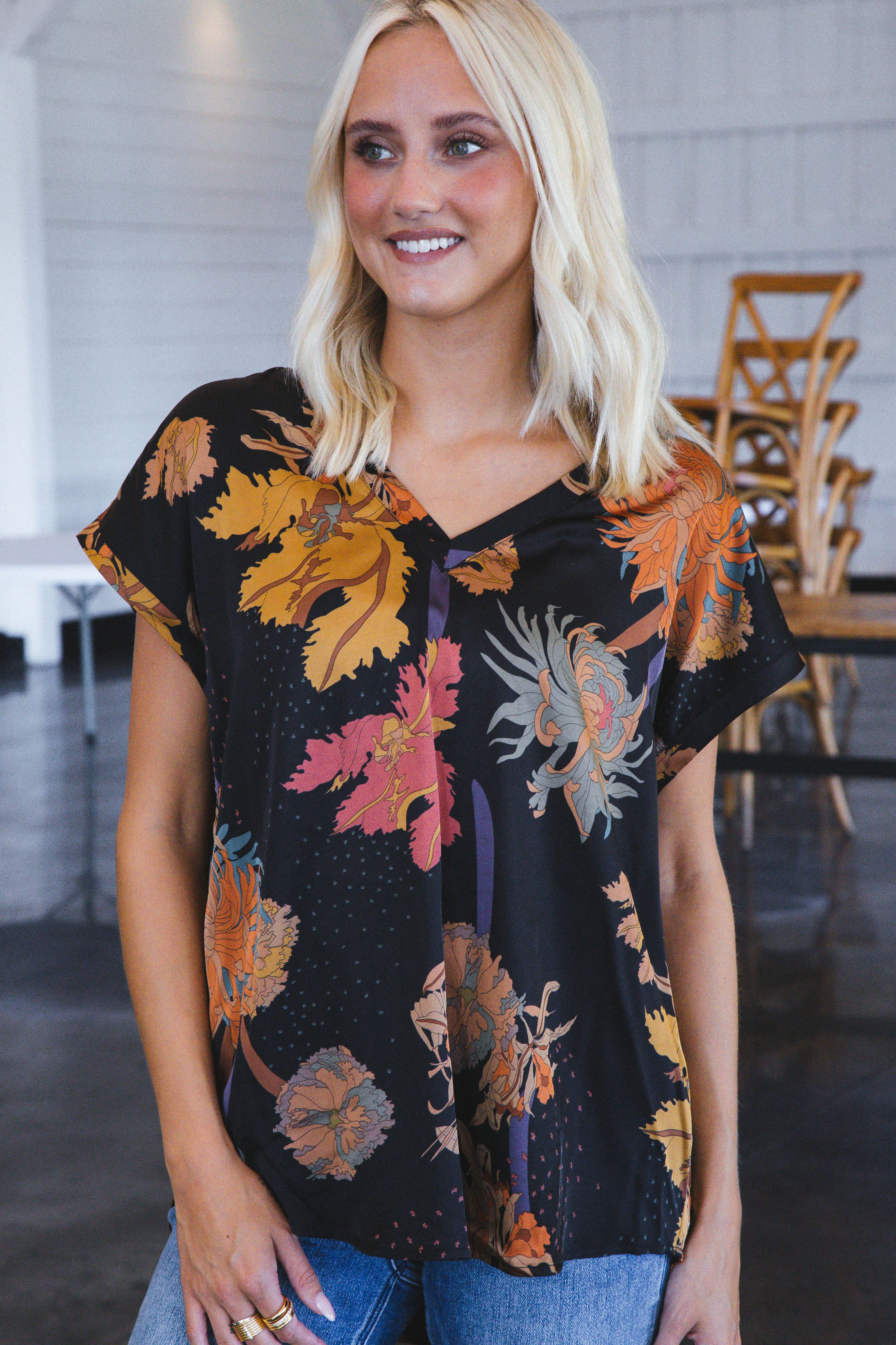 Serena Satin Floral Blouse, Black sold by North & Main Clothing Company product image thumbnail 10