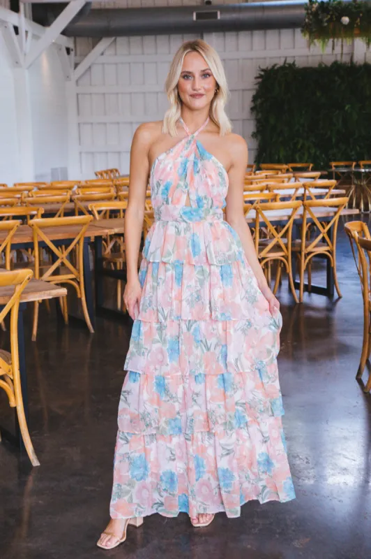 Hadley Halter Neck Maxi Dress, Cream/Blue sold by North & Main Clothing Company