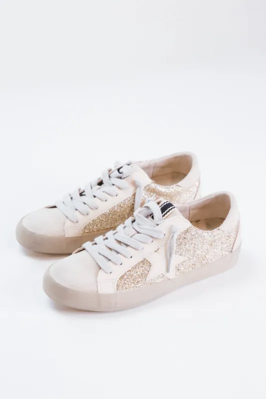 Paula Lace Up Star Sneaker, Gold Glitter sold by North & Main Clothing Company