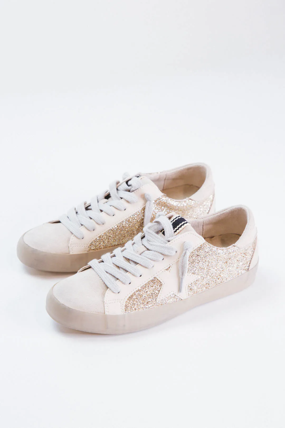 Paula Lace Up Star Sneaker, Gold Glitter sold by North & Main Clothing Company