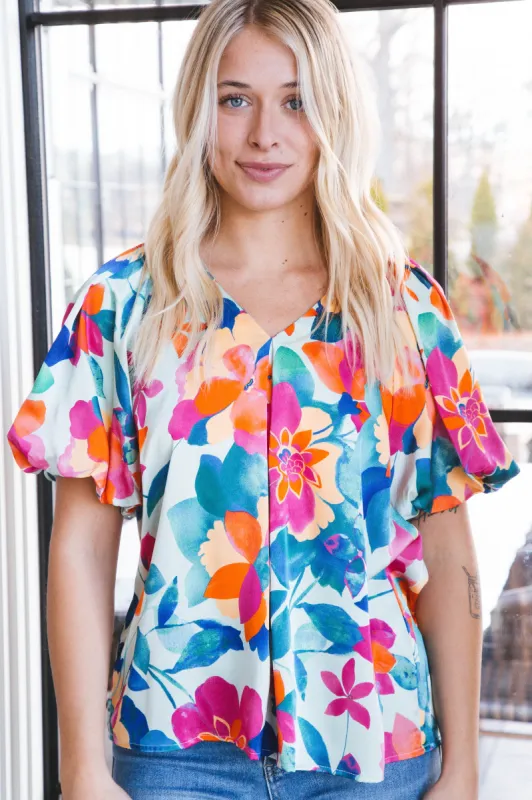 Georgina Floral Bubble Sleeve Top, Mint Multi sold by North & Main Clothing Company