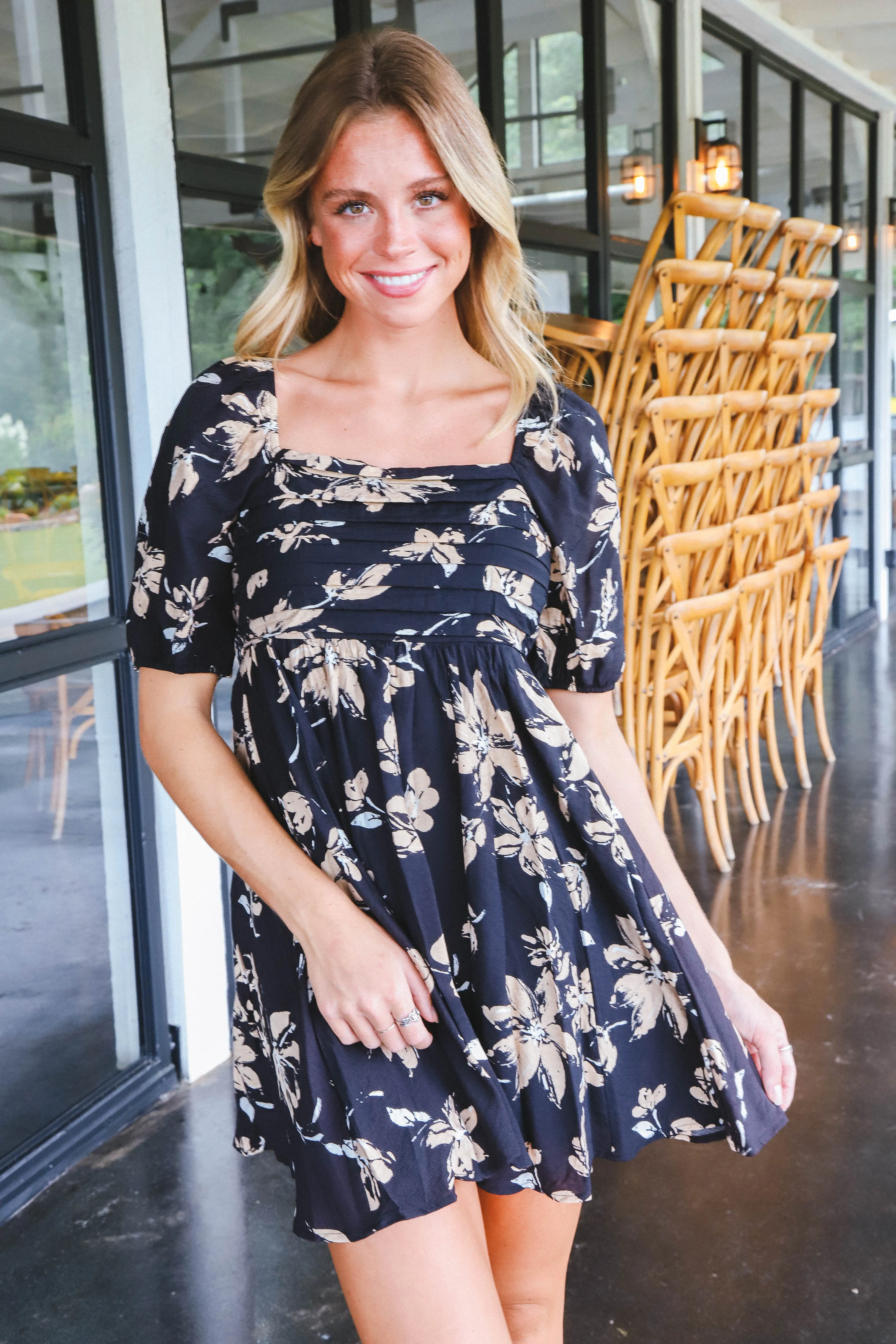 Alma Floral Pleated Mini Dress, Black sold by North & Main Clothing Company product image thumbnail 3