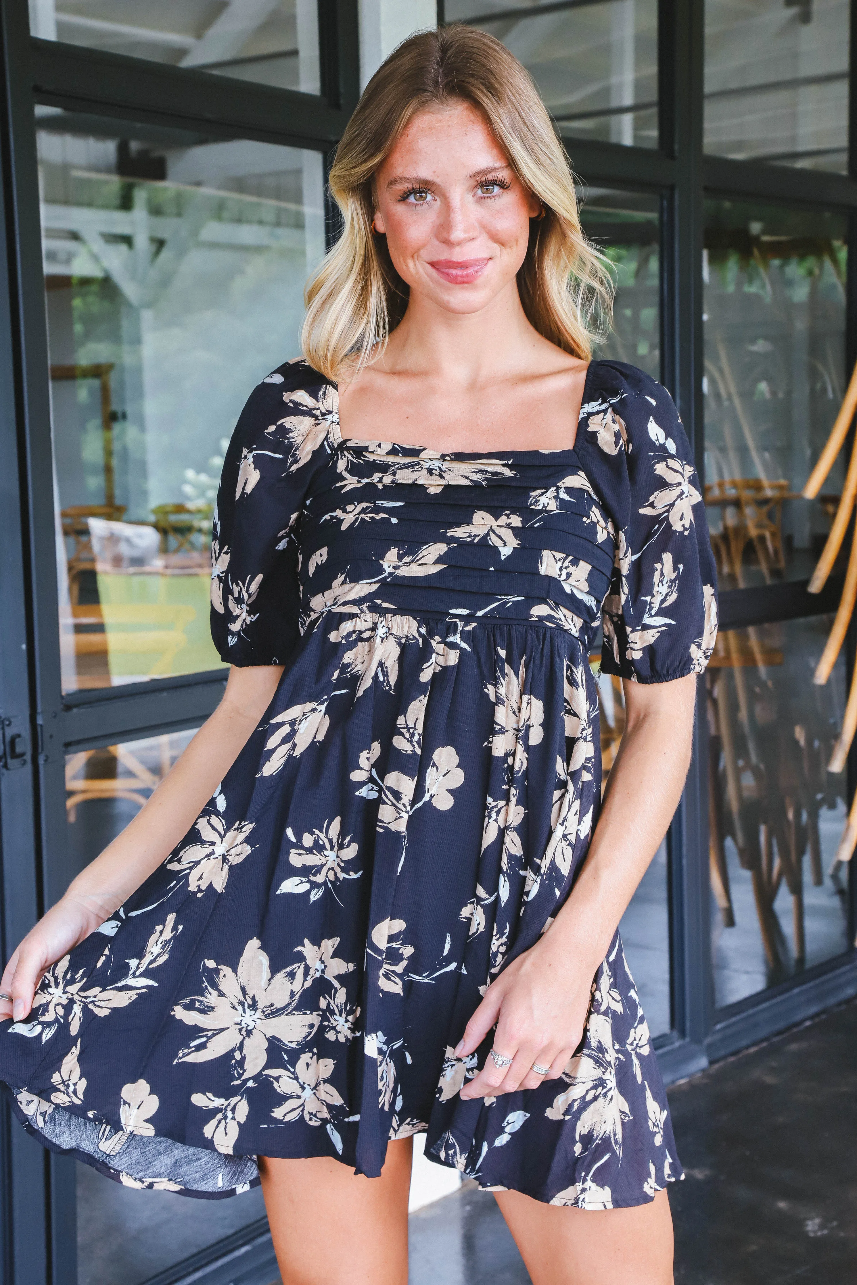 Alma Floral Pleated Mini Dress, Black sold by North & Main Clothing Company