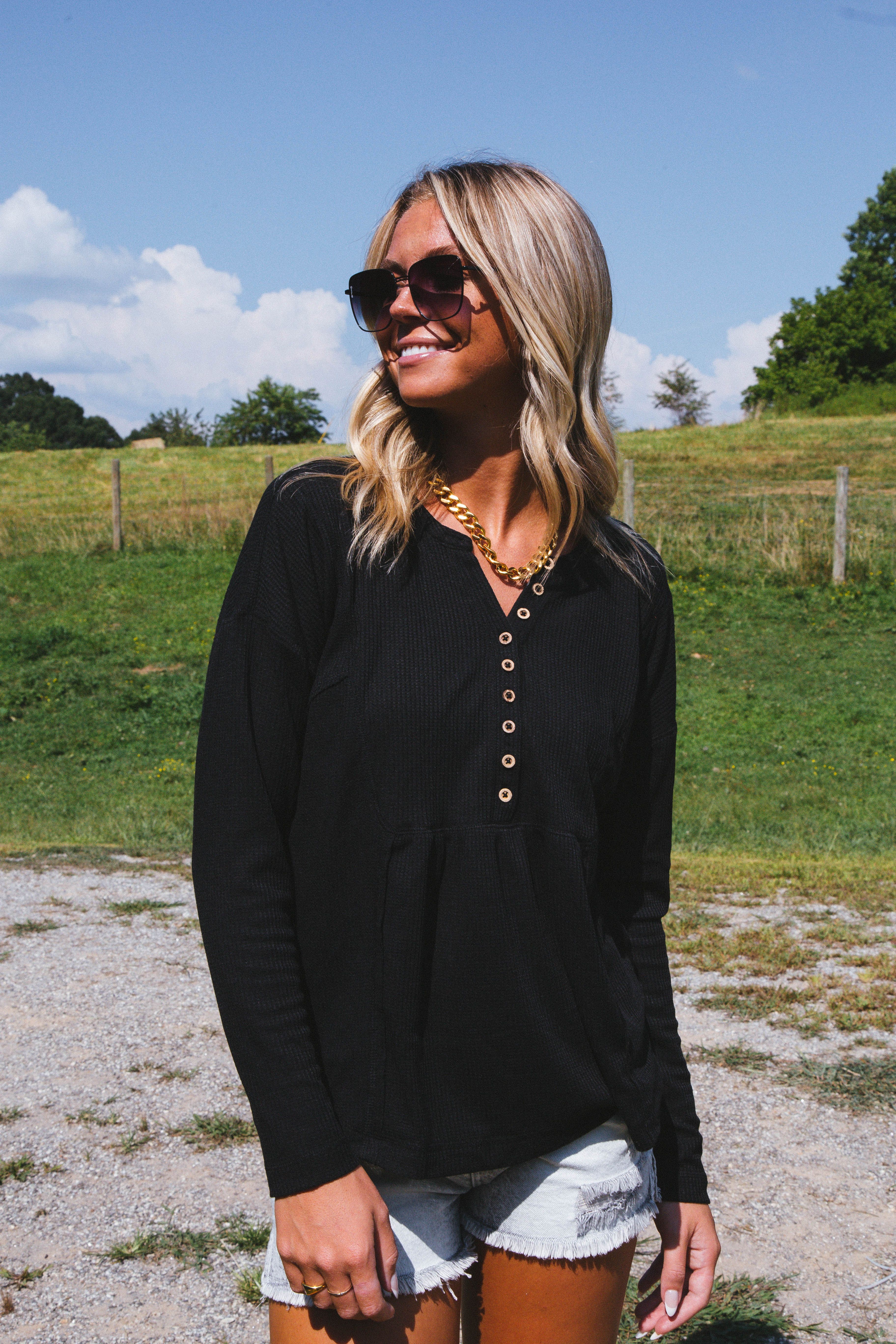 Polina Waffle Knit Henley Top, Black sold by North & Main Clothing Company product image thumbnail 8