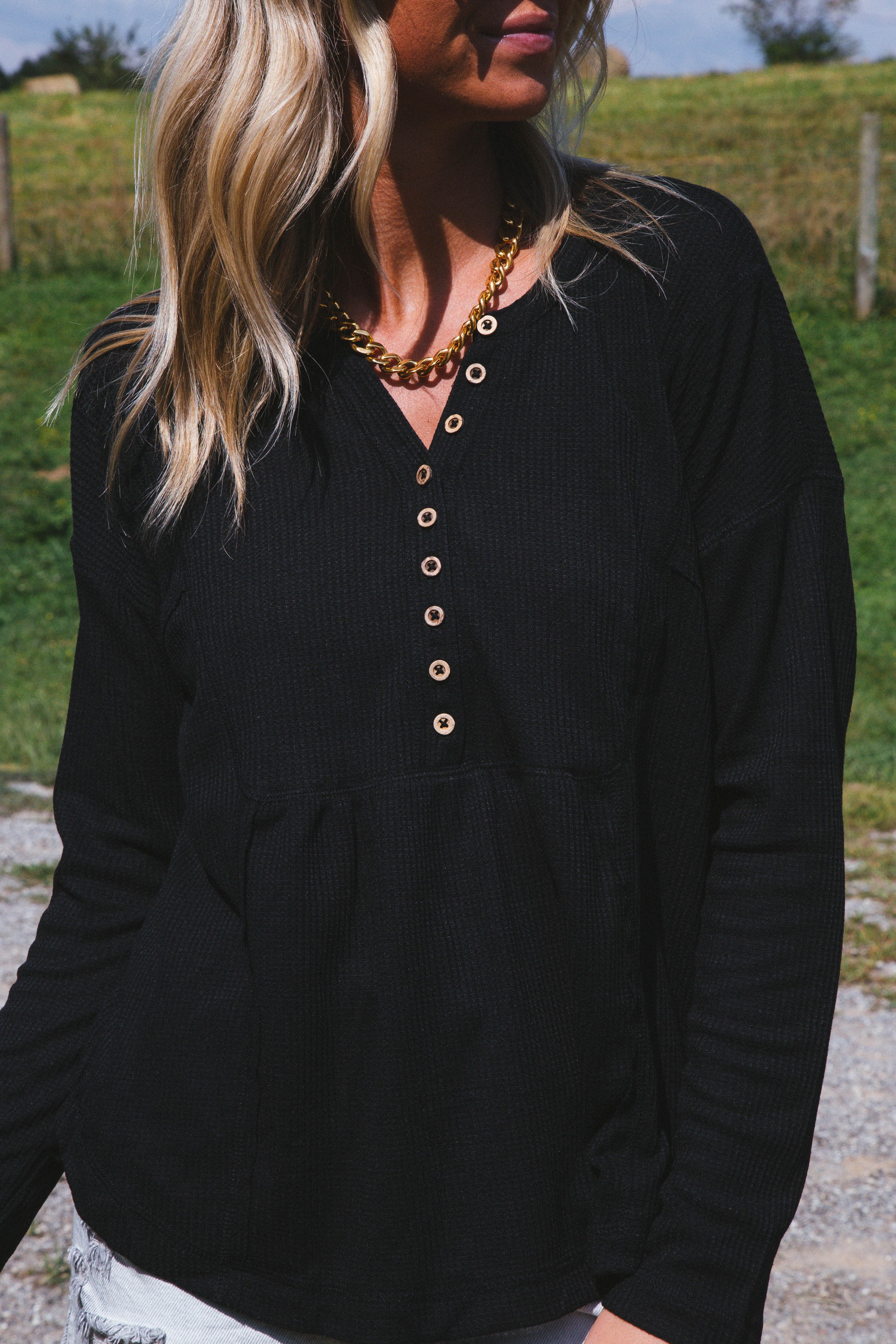 Polina Waffle Knit Henley Top, Black sold by North & Main Clothing Company product image thumbnail 7