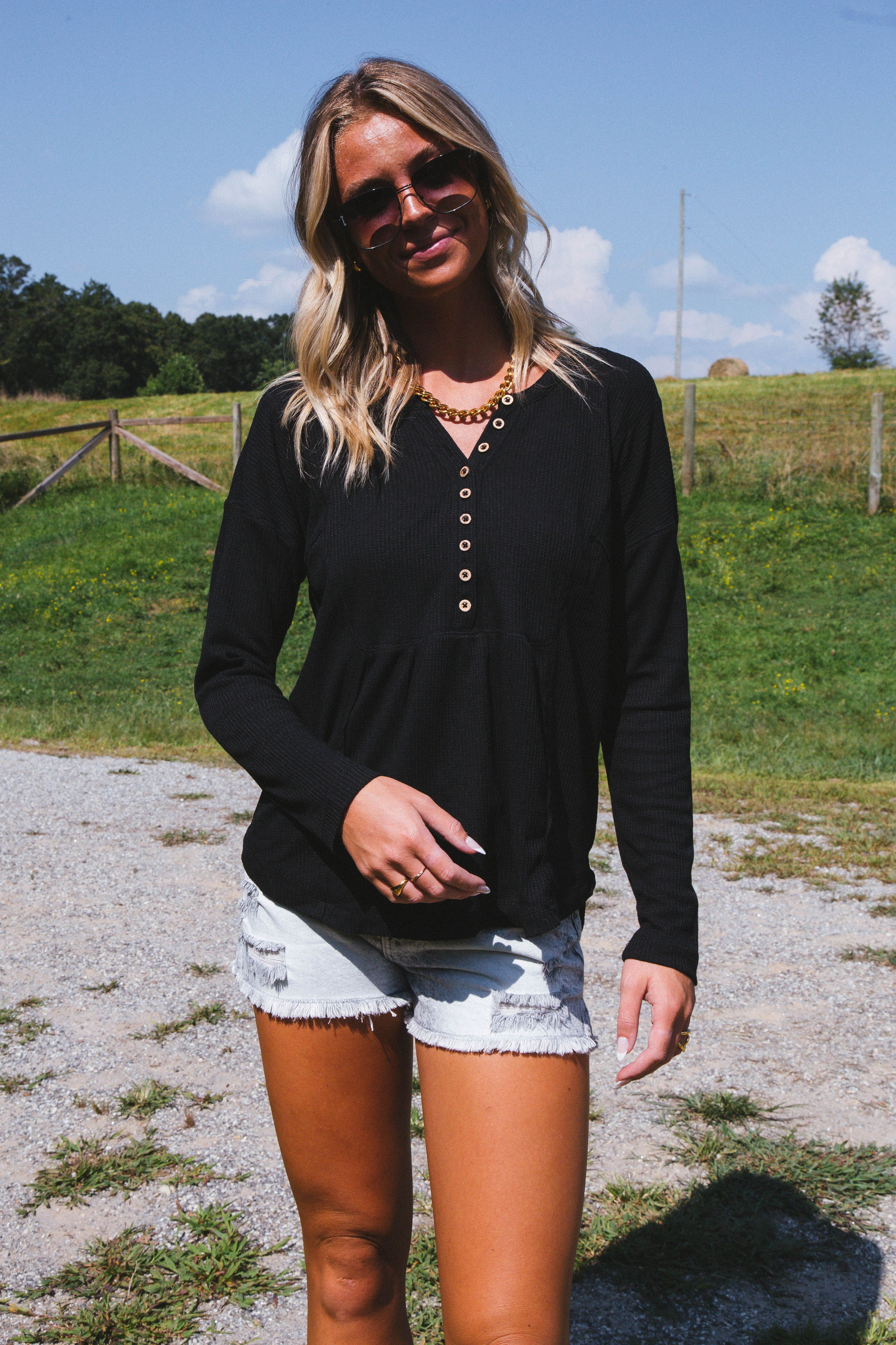 Polina Waffle Knit Henley Top, Black sold by North & Main Clothing Company product image thumbnail 4