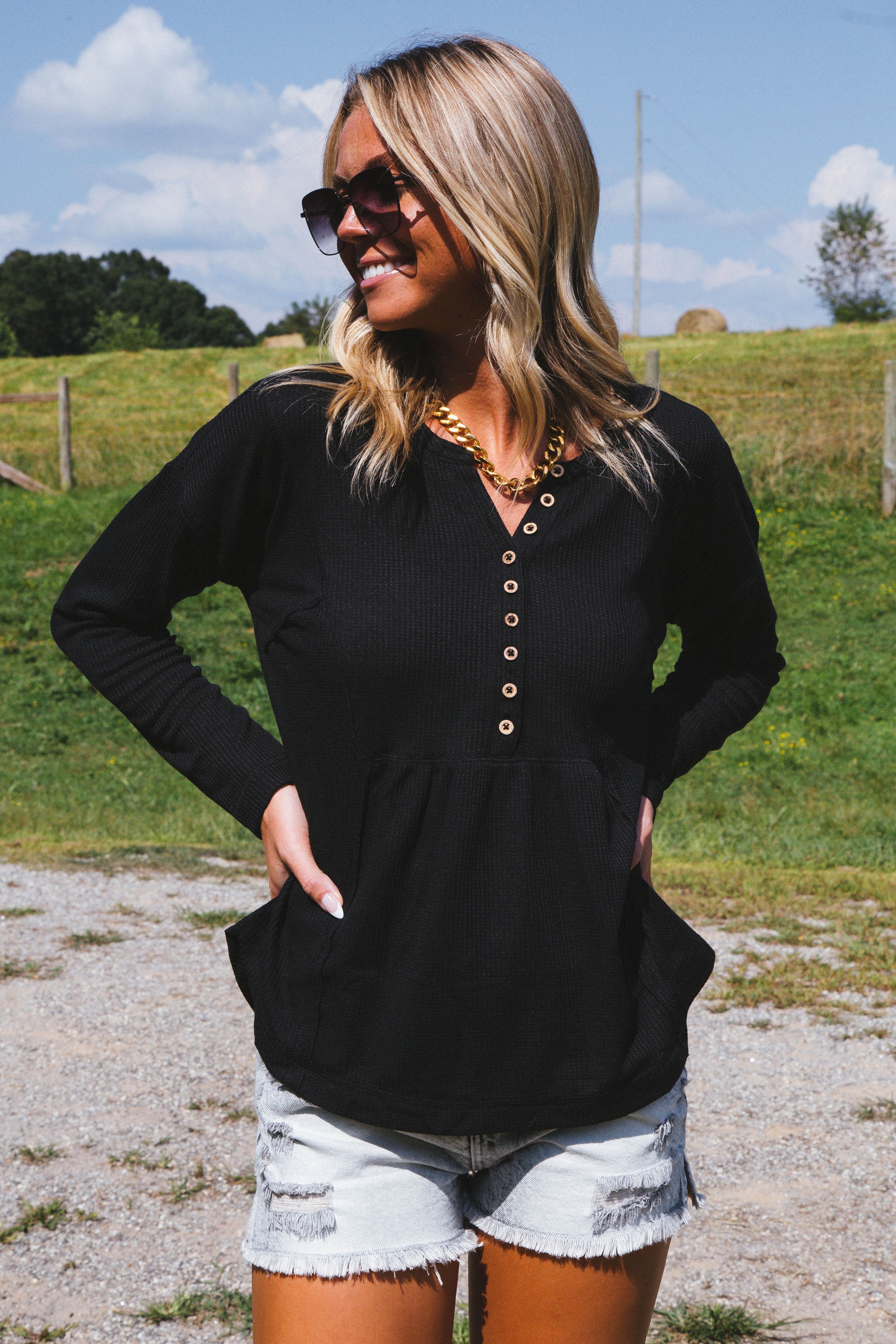 Polina Waffle Knit Henley Top, Black sold by North & Main Clothing Company