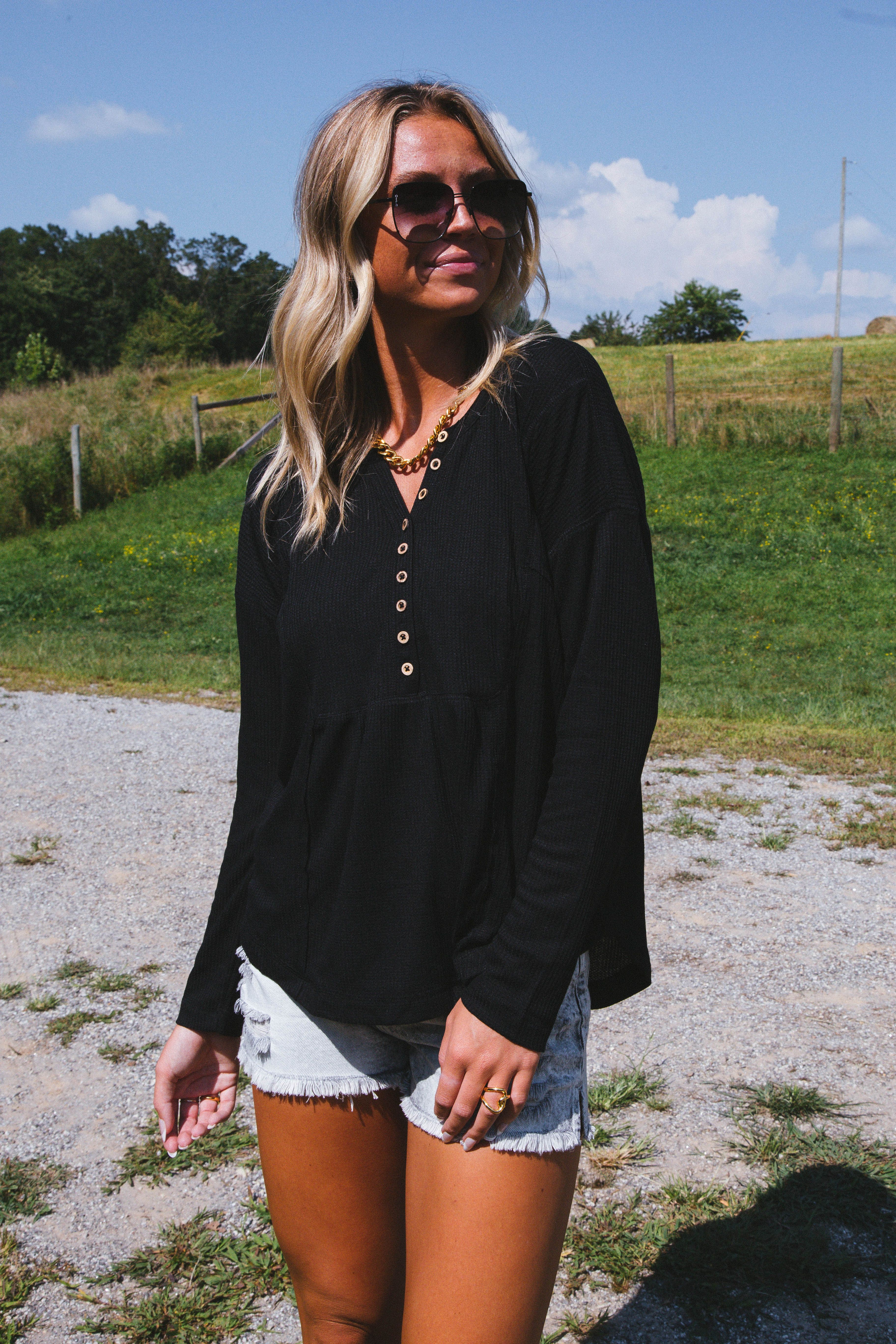 Polina Waffle Knit Henley Top, Black sold by North & Main Clothing Company product image thumbnail 3