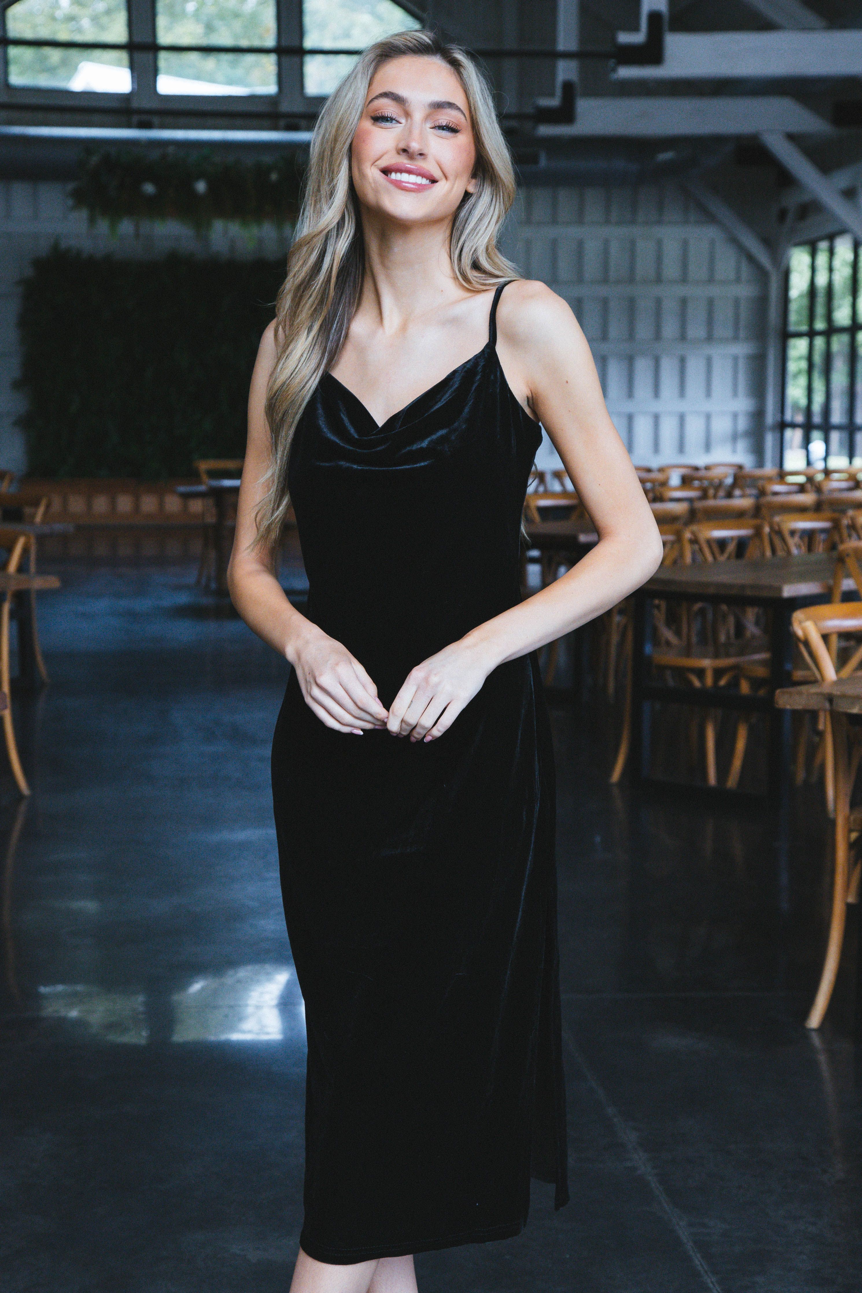 Rosalee Velvet Cowl Neck Midi Dress, Black sold by North & Main Clothing Company product image thumbnail 2