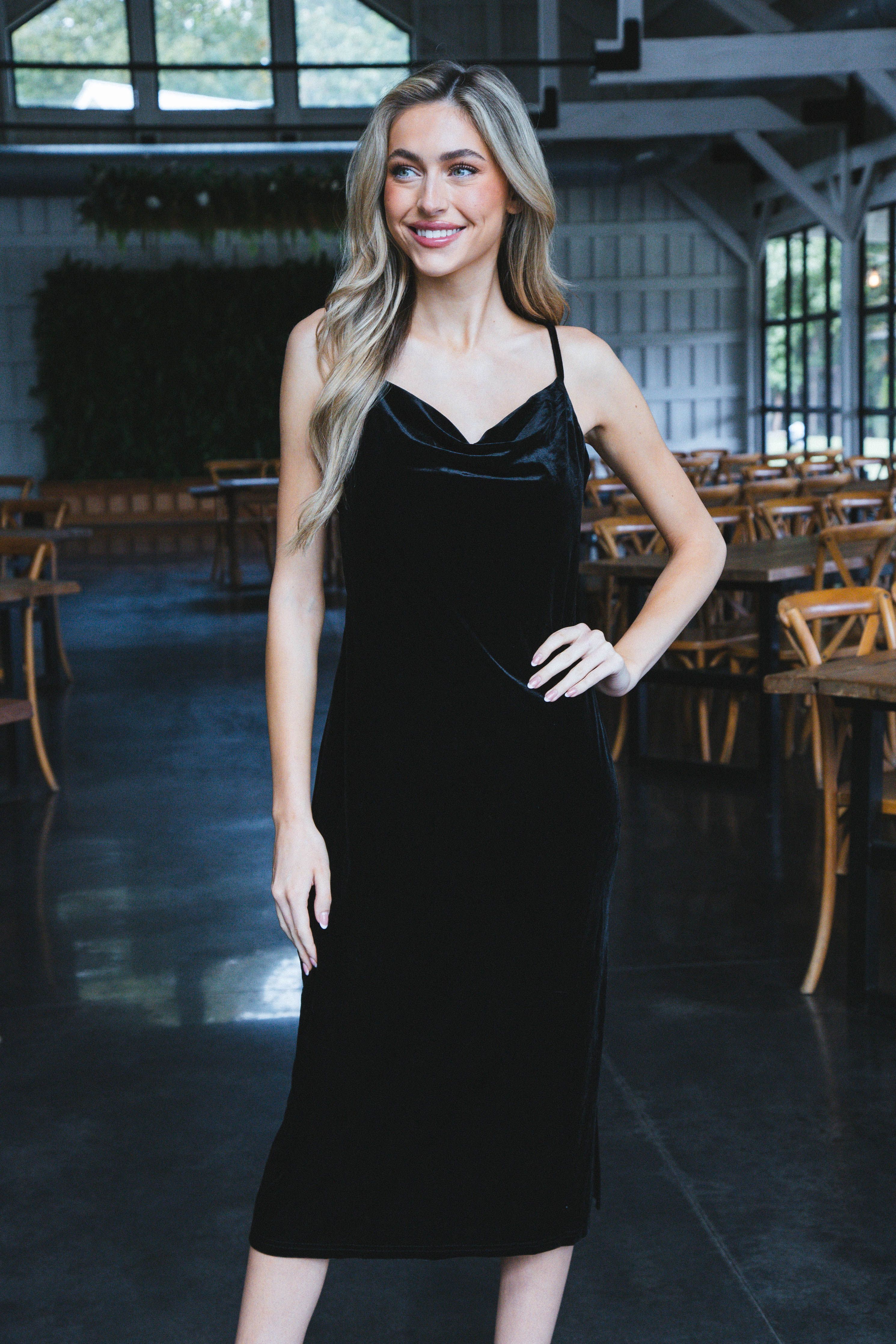 Rosalee Velvet Cowl Neck Midi Dress, Black sold by North & Main Clothing Company