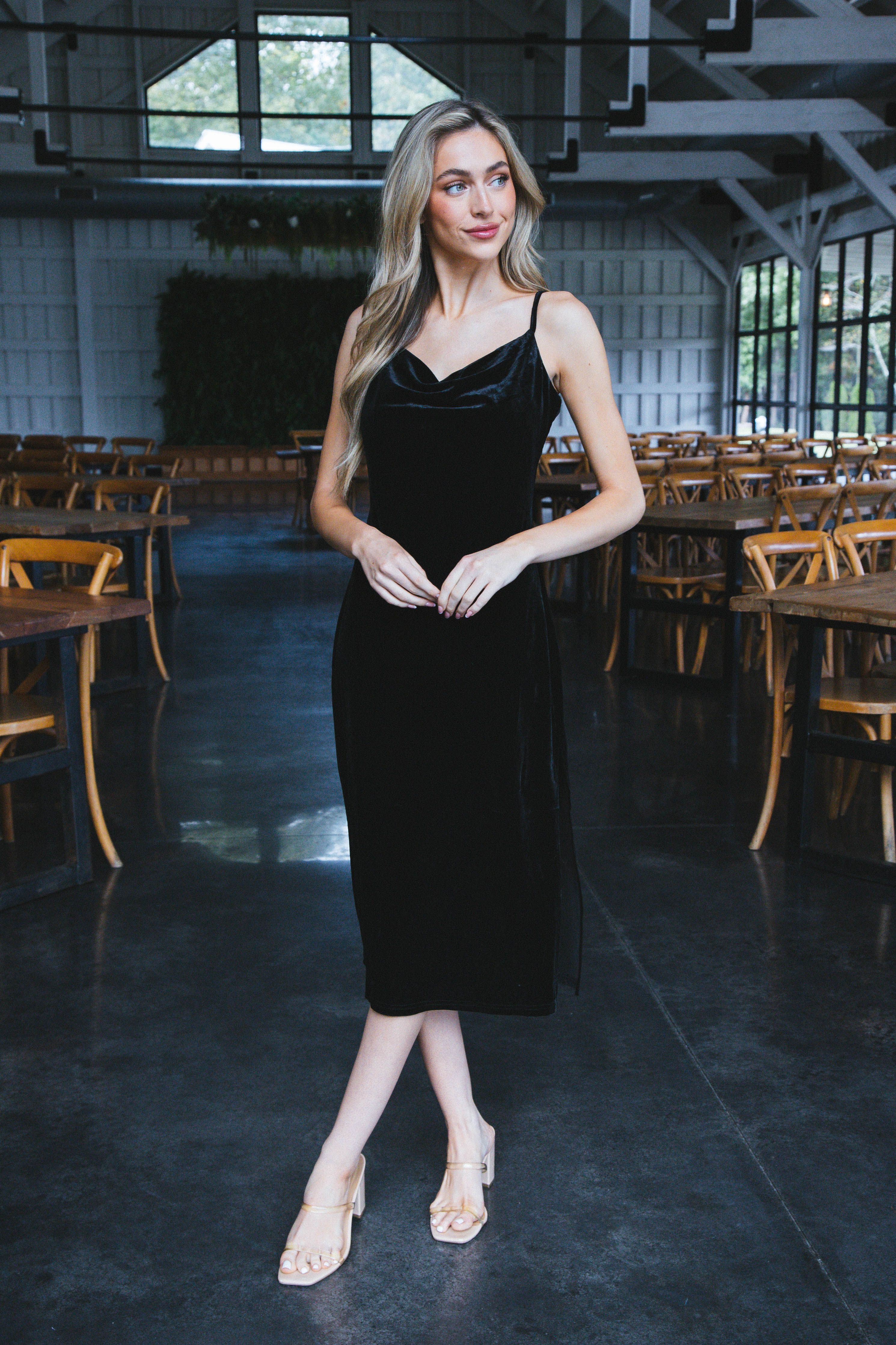 Rosalee Velvet Cowl Neck Midi Dress, Black sold by North & Main Clothing Company product image thumbnail 4