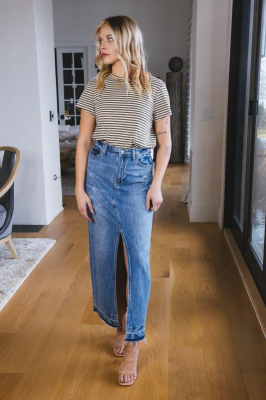 Opal Denim Front Slit Maxi Skirt, Denim sold by North & Main Clothing Company