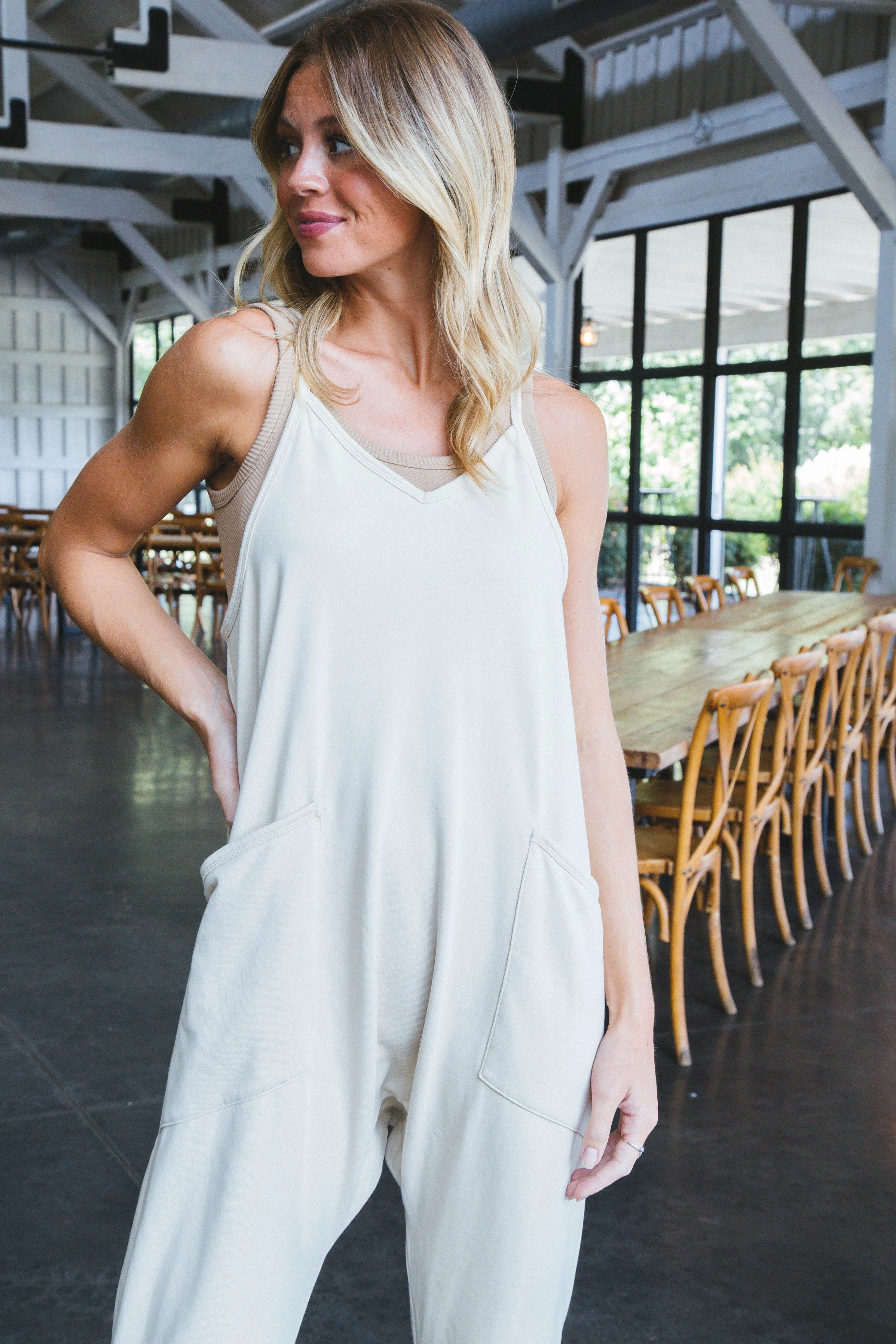 Shiloh V-Neck Jumpsuit, Stone sold by North & Main Clothing Company product image thumbnail 2