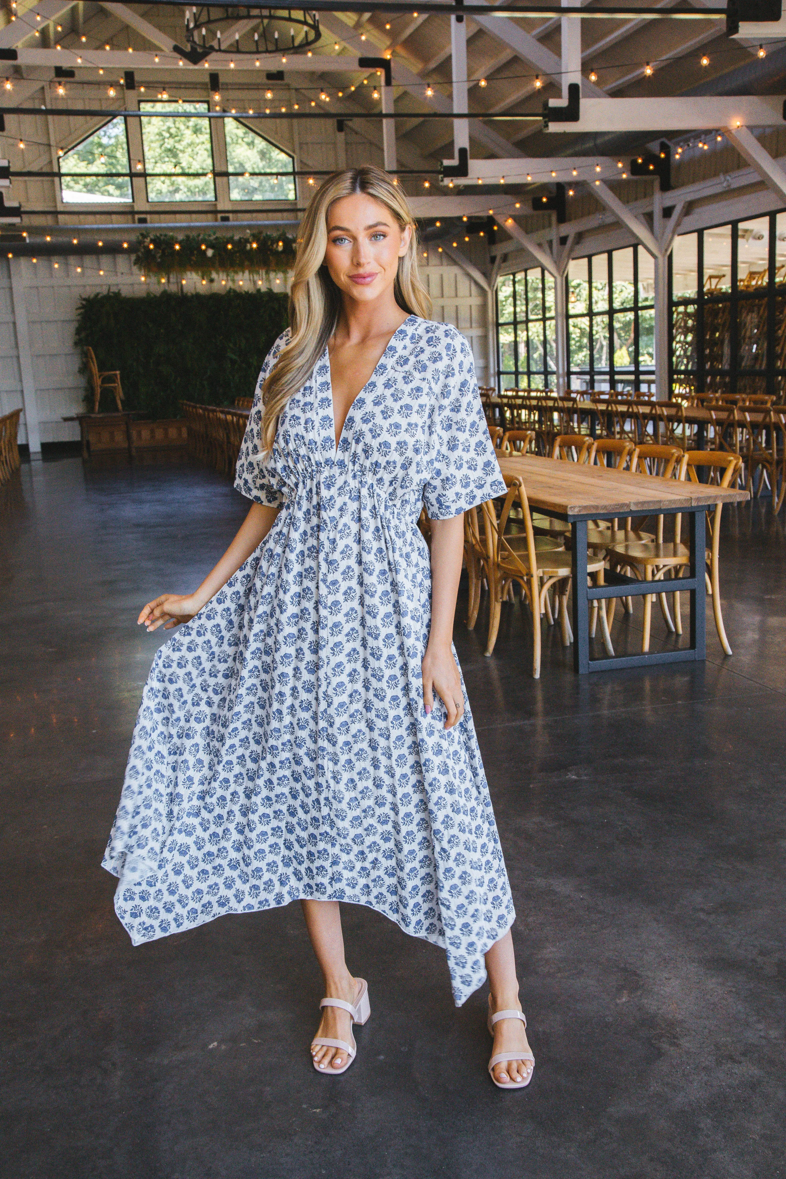 Norah V-Neck Lurex Maxi Dress, Blue Print sold by North & Main Clothing Company