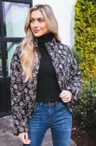Dahlia Floral Print Woven Puff Jacket, Black-Multi sold by North & Main Clothing Company