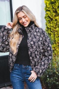 Dahlia Floral Print Woven Puff Jacket, Black-Multi sold by North & Main Clothing Company