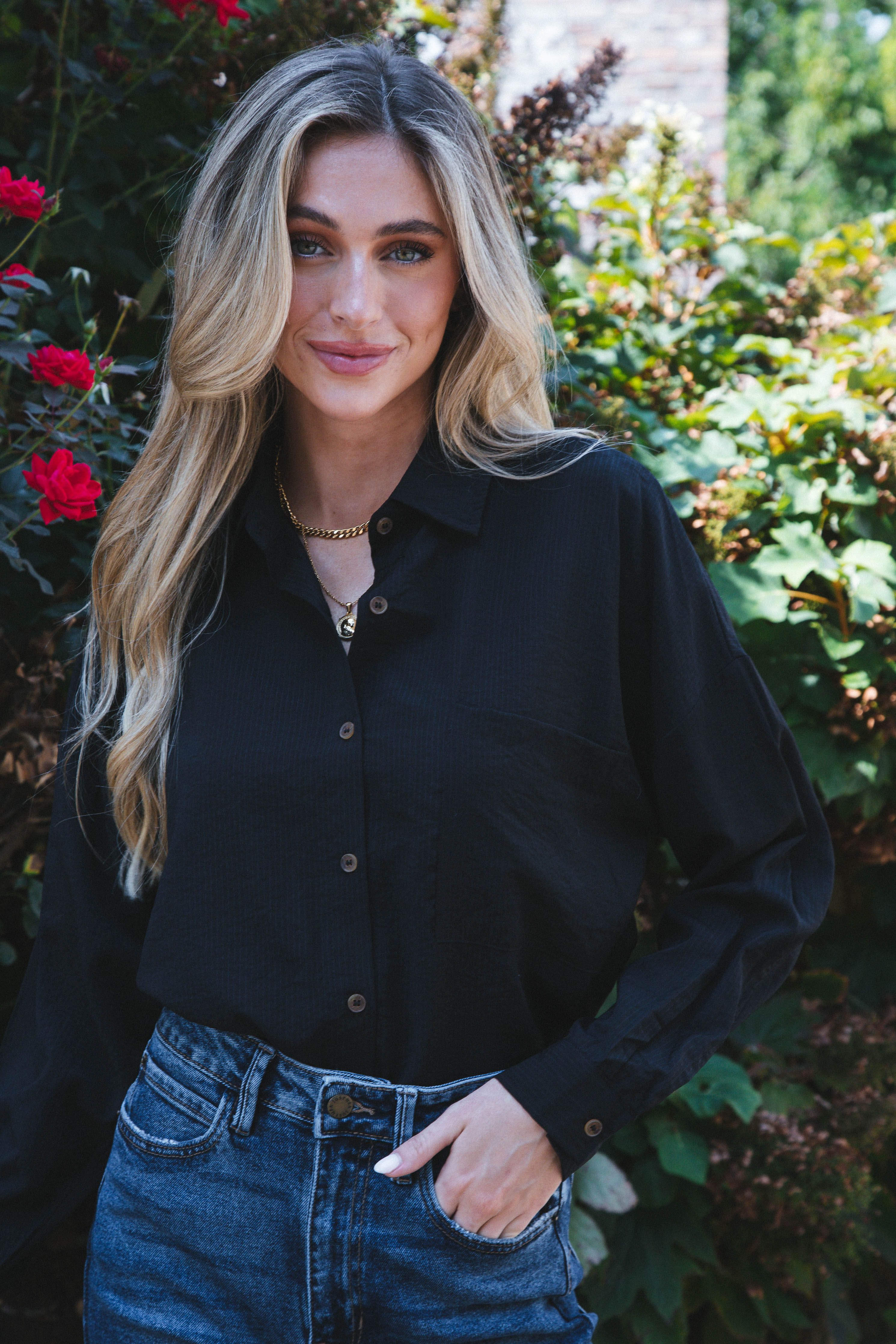 Stay Chic Button Down Shirt, Black sold by North & Main Clothing Company
