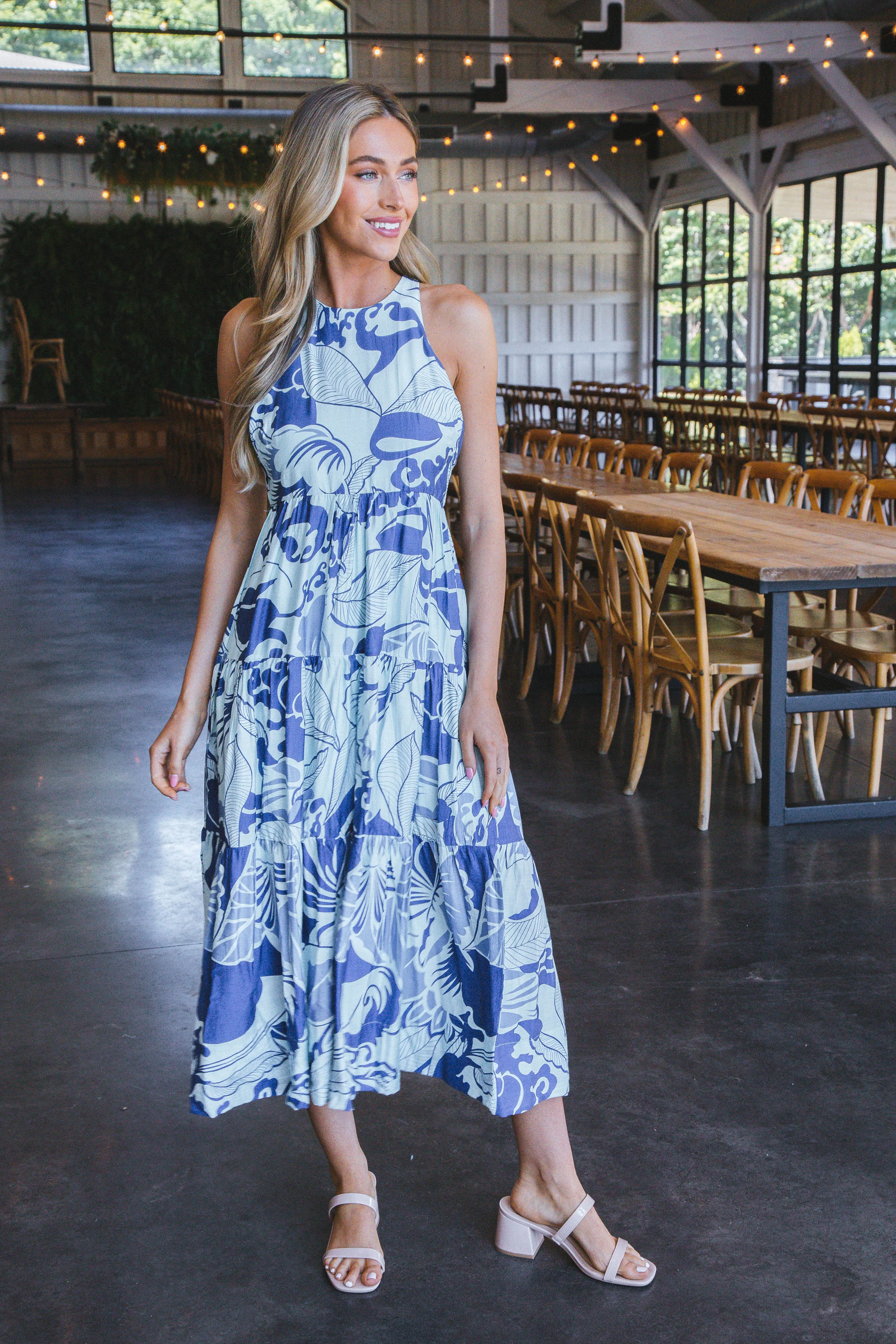 Athena Leaf Print Maxi Dress, Blue sold by North & Main Clothing Company product image thumbnail 4