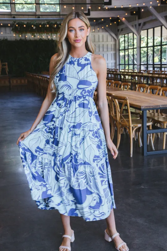 Athena Leaf Print Maxi Dress, Blue sold by North & Main Clothing Company